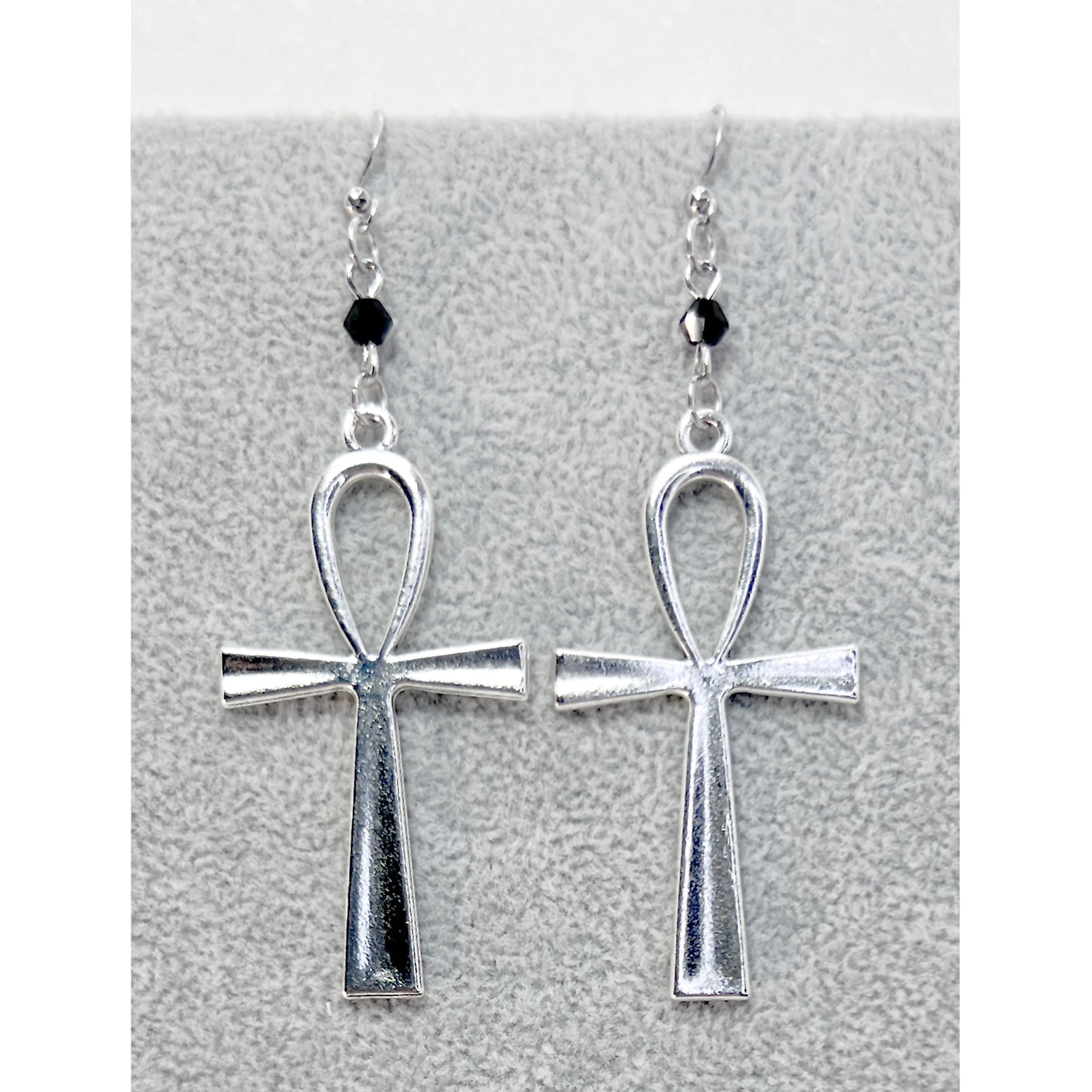 Large Silver Ankh and Black Bead Earrings