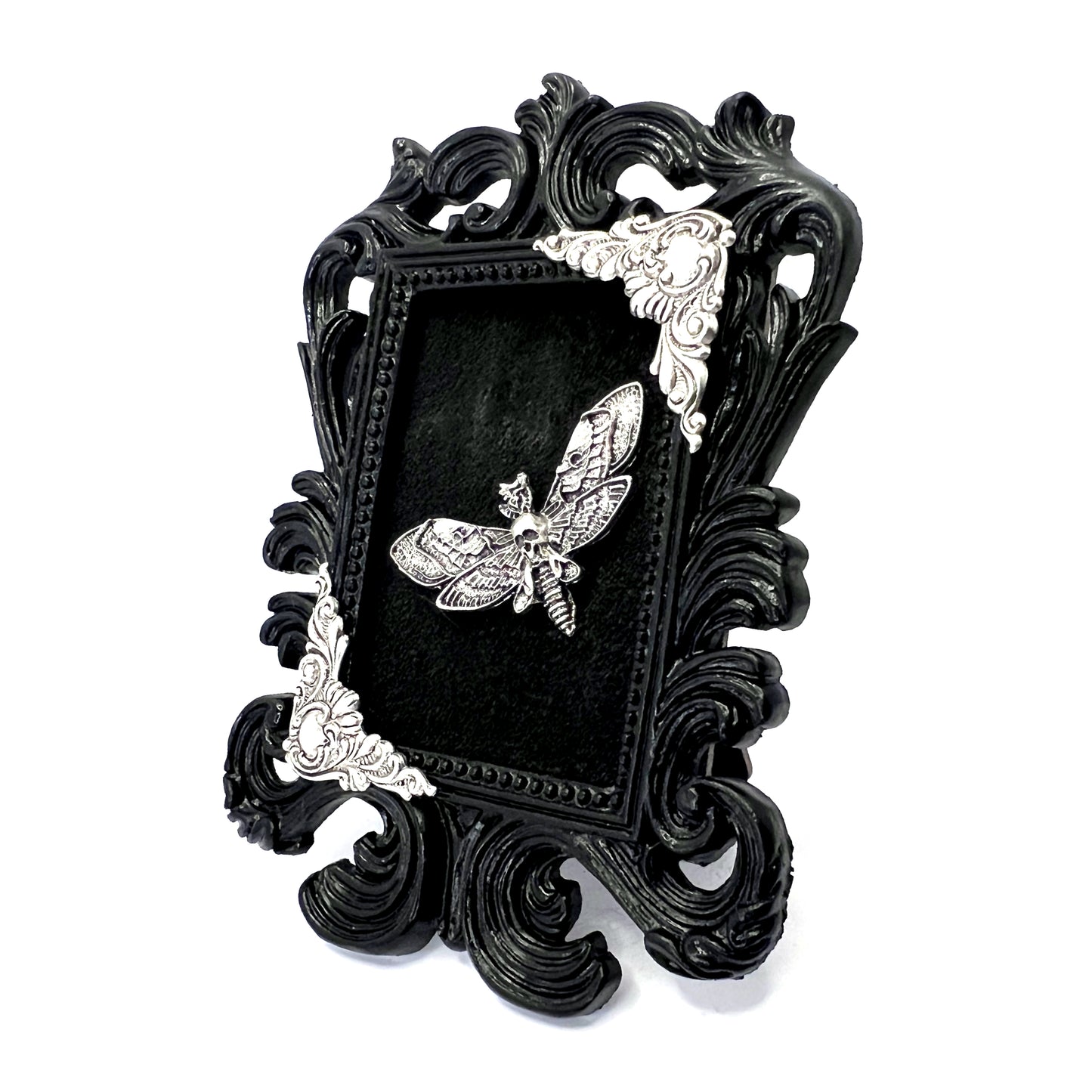 Small Black Resin Square Frame with Death Head Moth on Black Velvet Gothic Home Deco