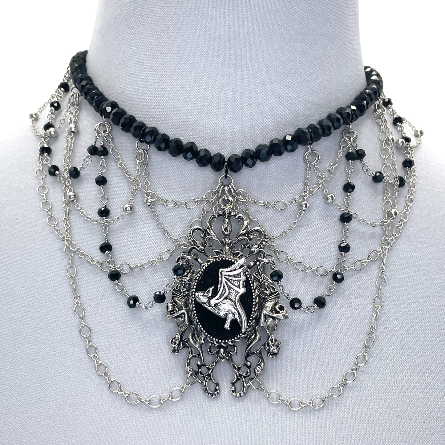 Black and Silver Multi-Strand Gothic Bat Necklace