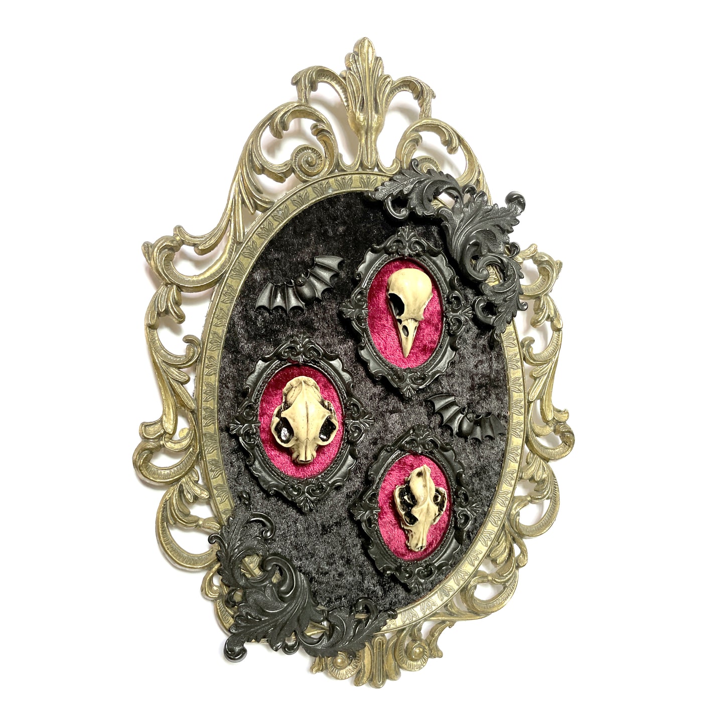 Large Antique Framed Three Resin Skull Gothic Wall Deco