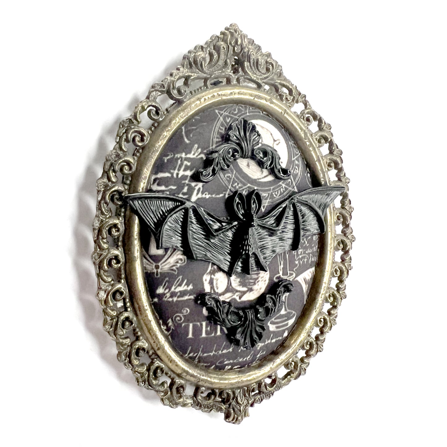 Black Bat on Occult Themed Fabric Antique Framed Home Deco