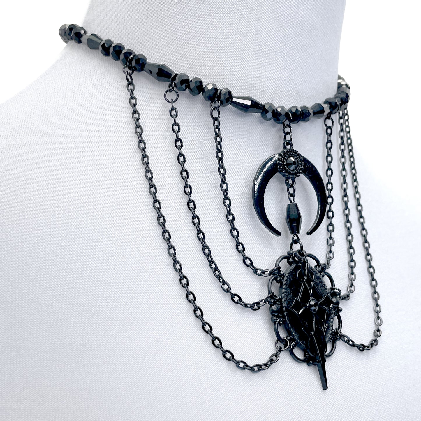 Black Multi-Strand Gothic Necklace with Crescent Moon and Cross