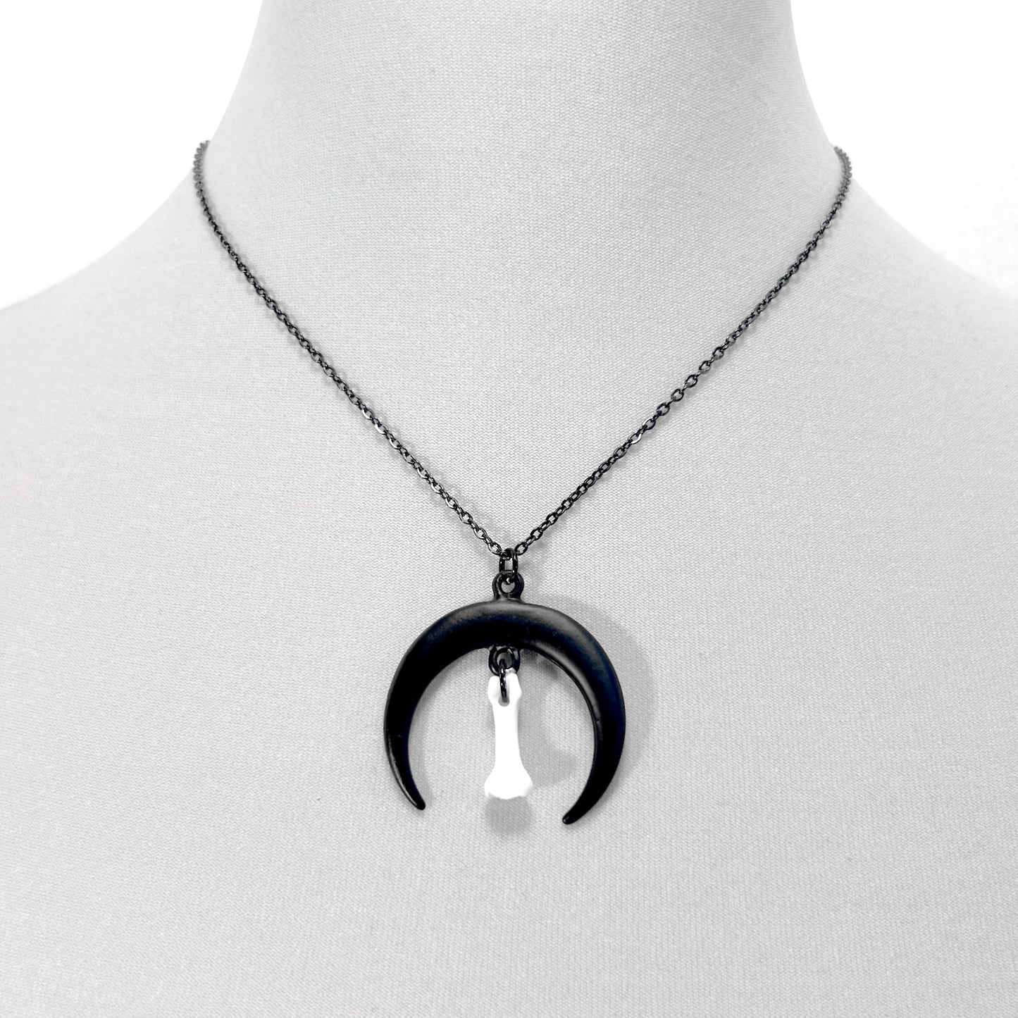 Large Black Crescent Moon and Tiny Bone Necklace