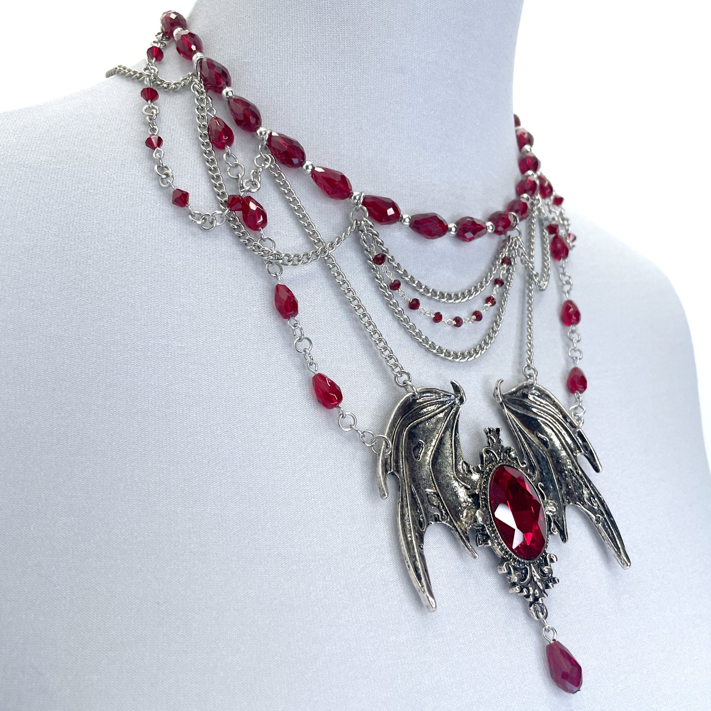 Red and Silver Dragon/Bat Wing Gothic Necklace