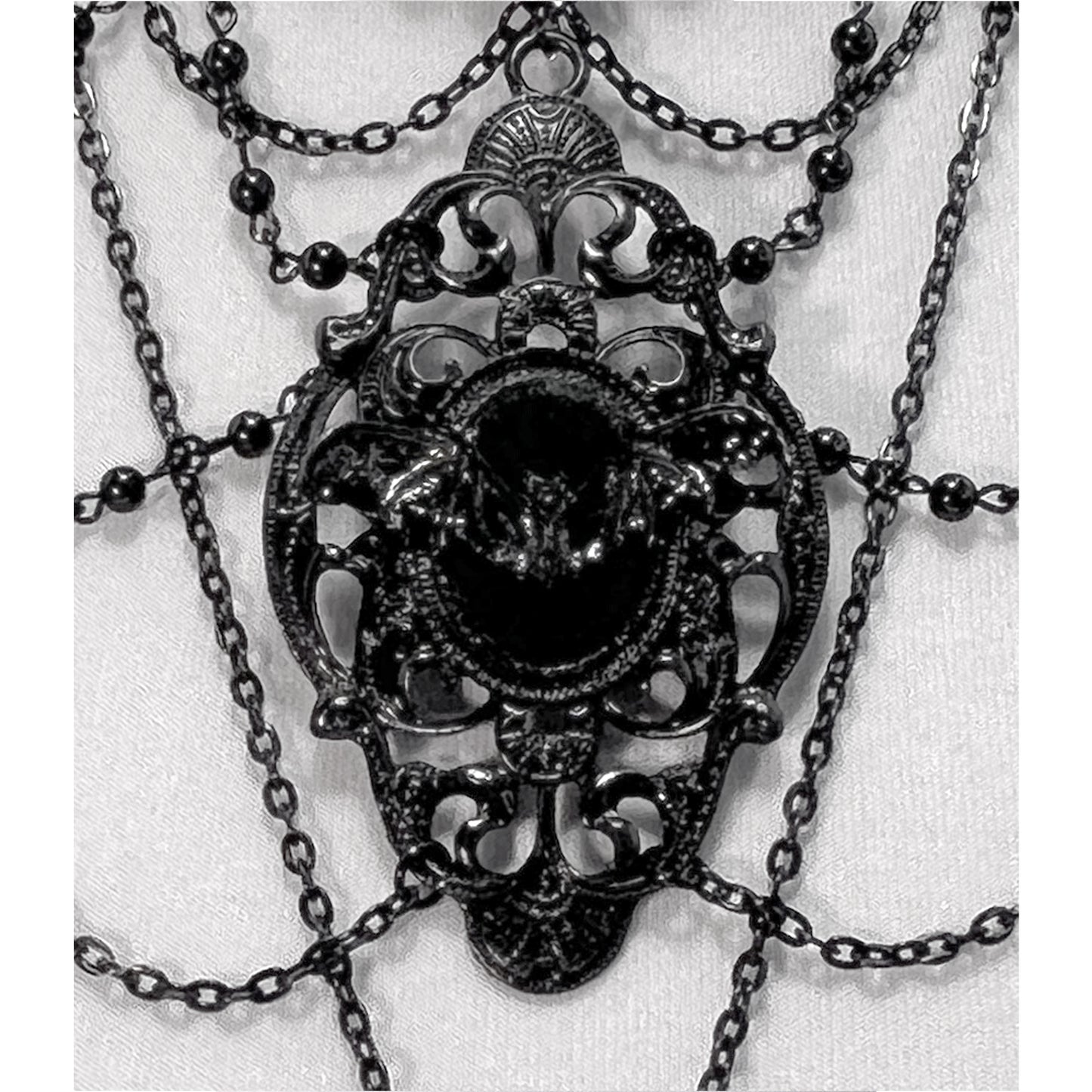 Black Multi-Strand Gothic Victorian Necklace with Bat and Long Hanging Cross