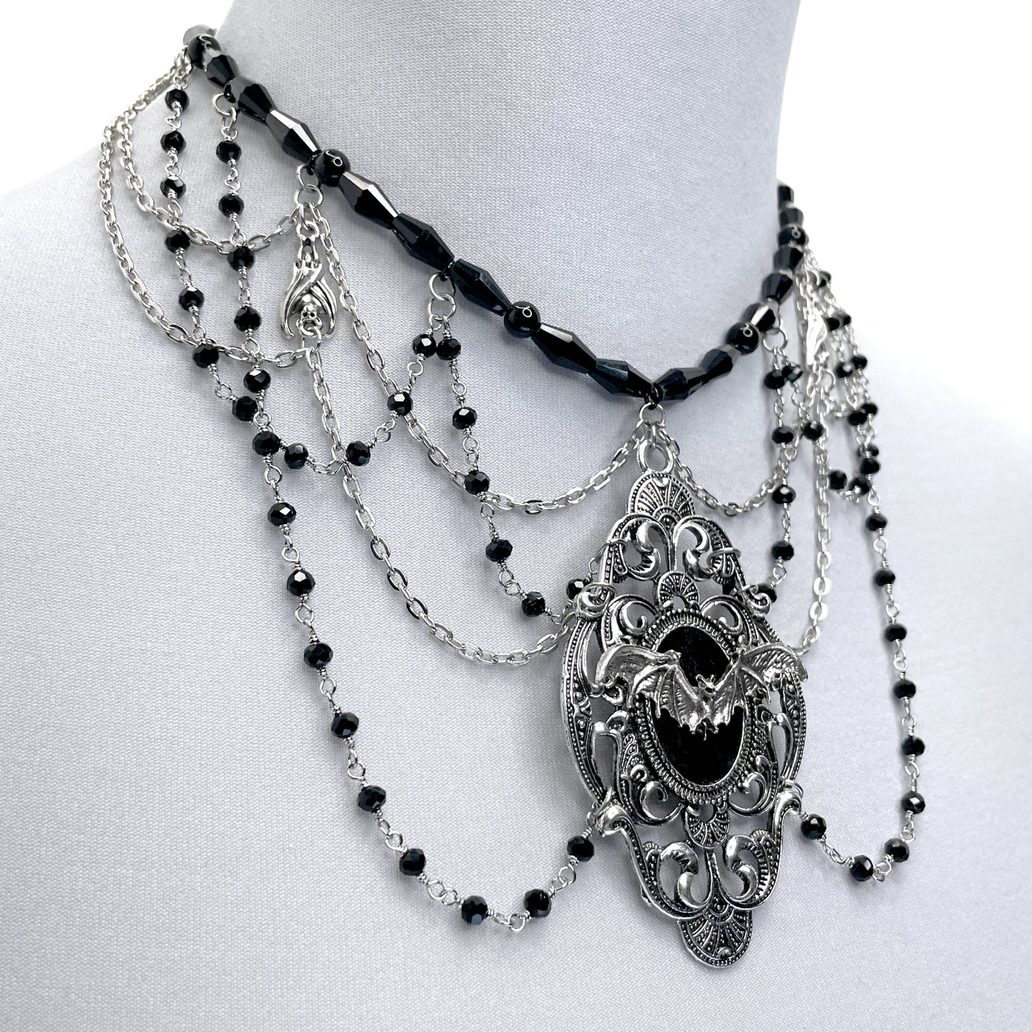 Silver with Black Multi-Strand Gothic Victorian Necklace with Bat