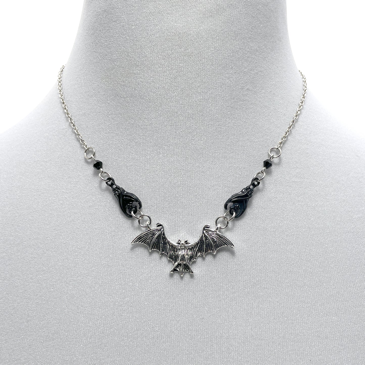 Silver and Black Three Bat Gothic Necklace
