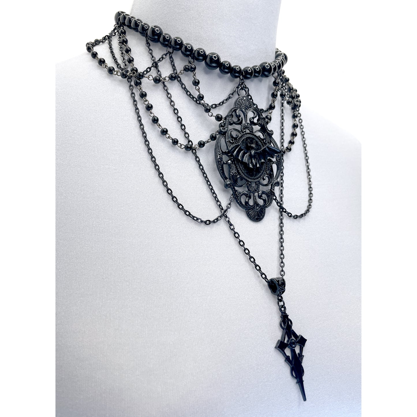 Black Multi-Strand Gothic Victorian Necklace with Bat and Long Hanging Cross
