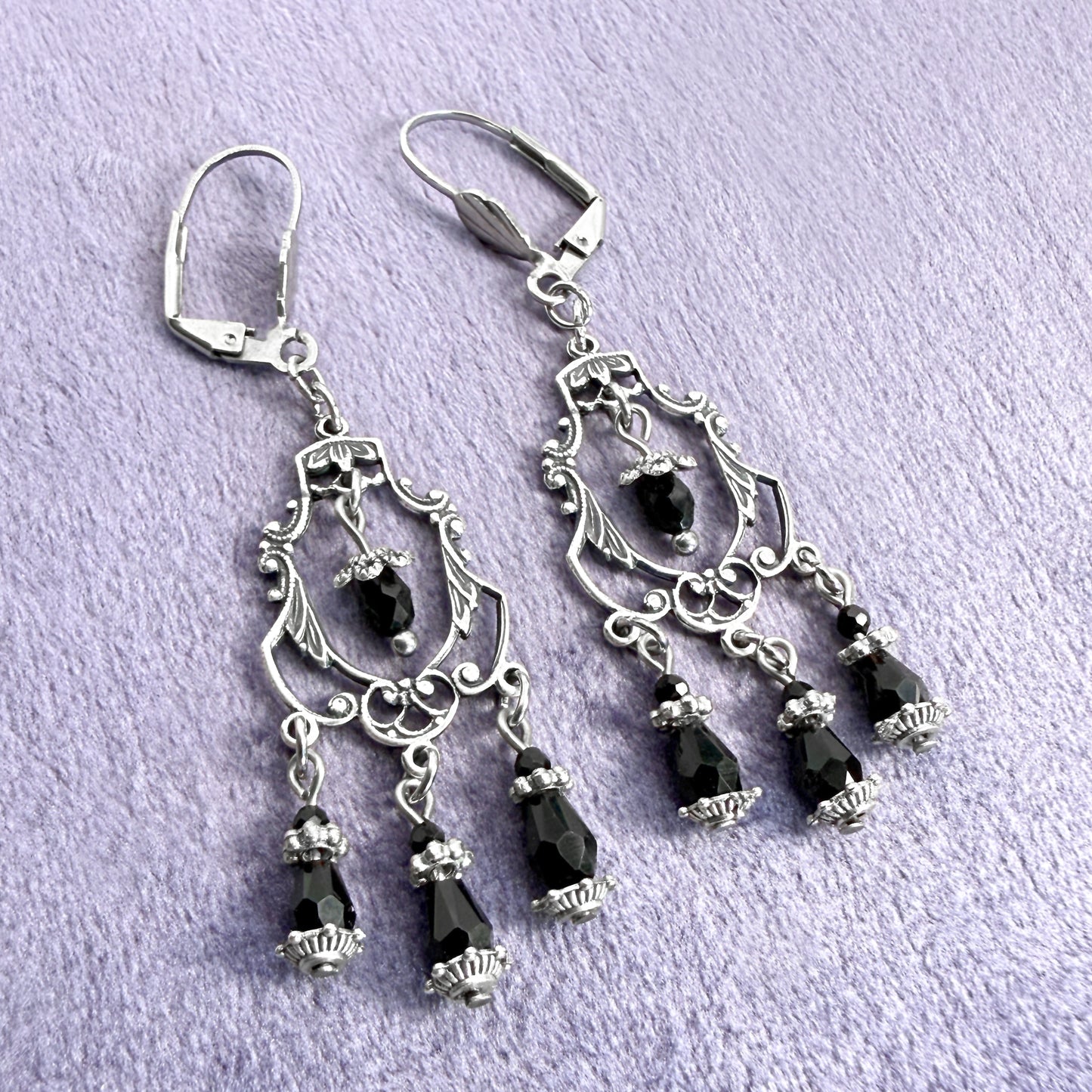 Silver Plated Ornate Ornament and Black Bead Earrings