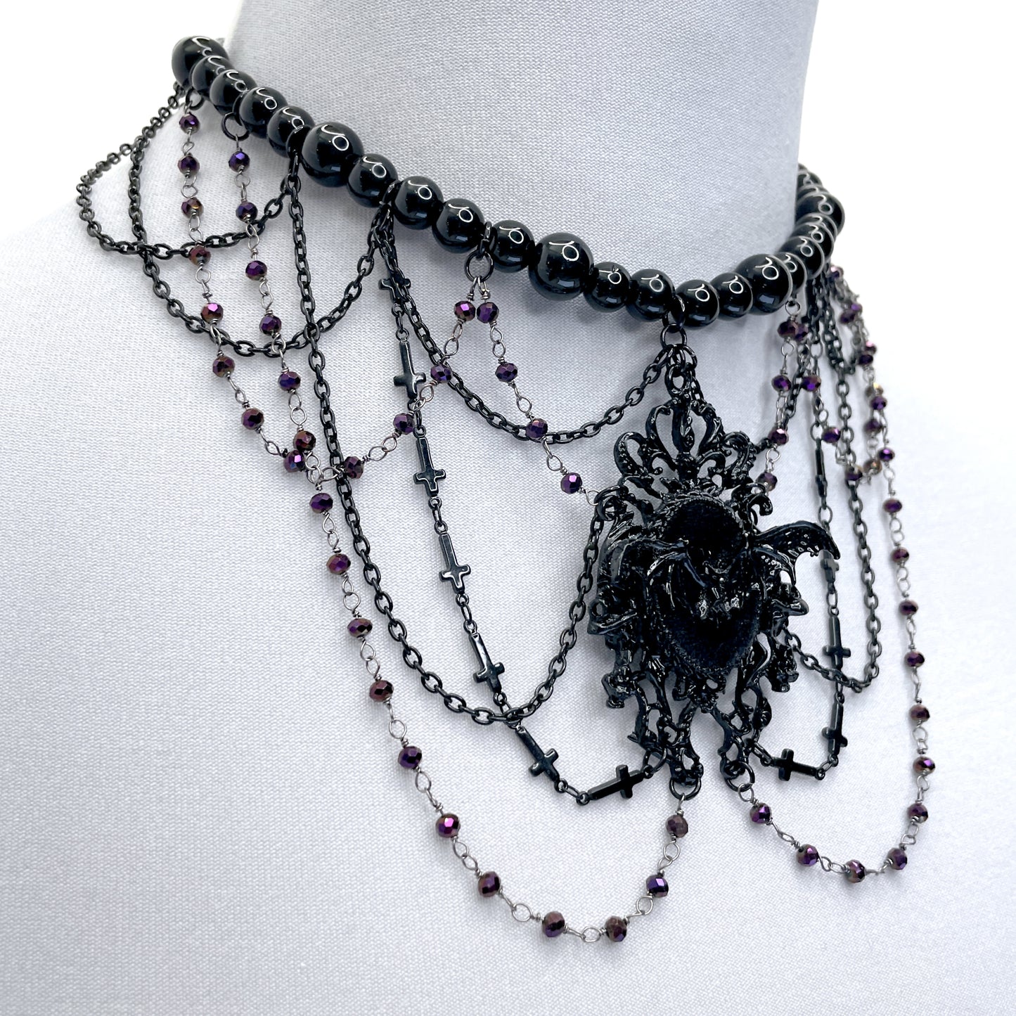 Black Beaded Gothic Necklace with Purple Bead Chain and Bat