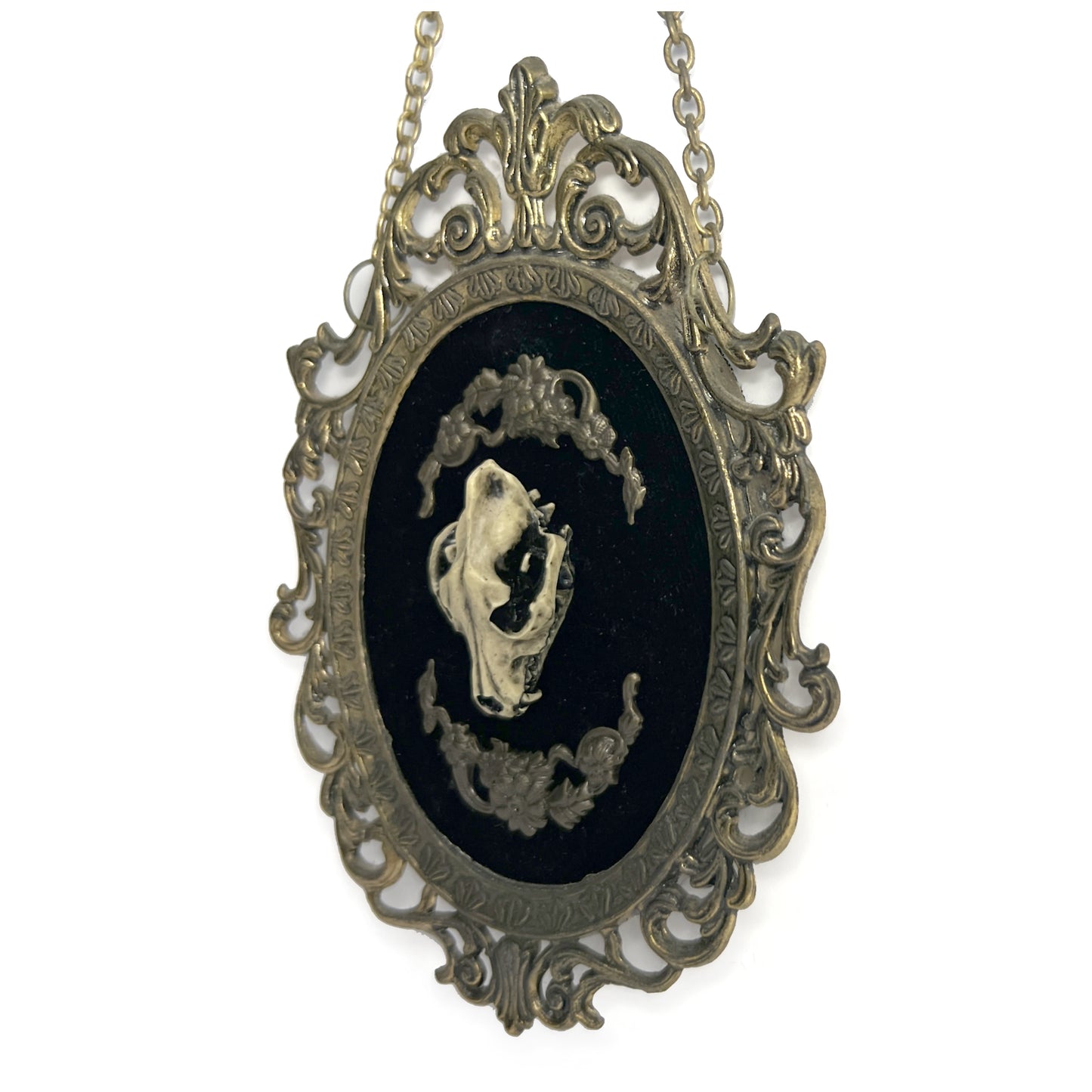 Resin Wolf Skull on Black Velvet Antique Framed Home Deco