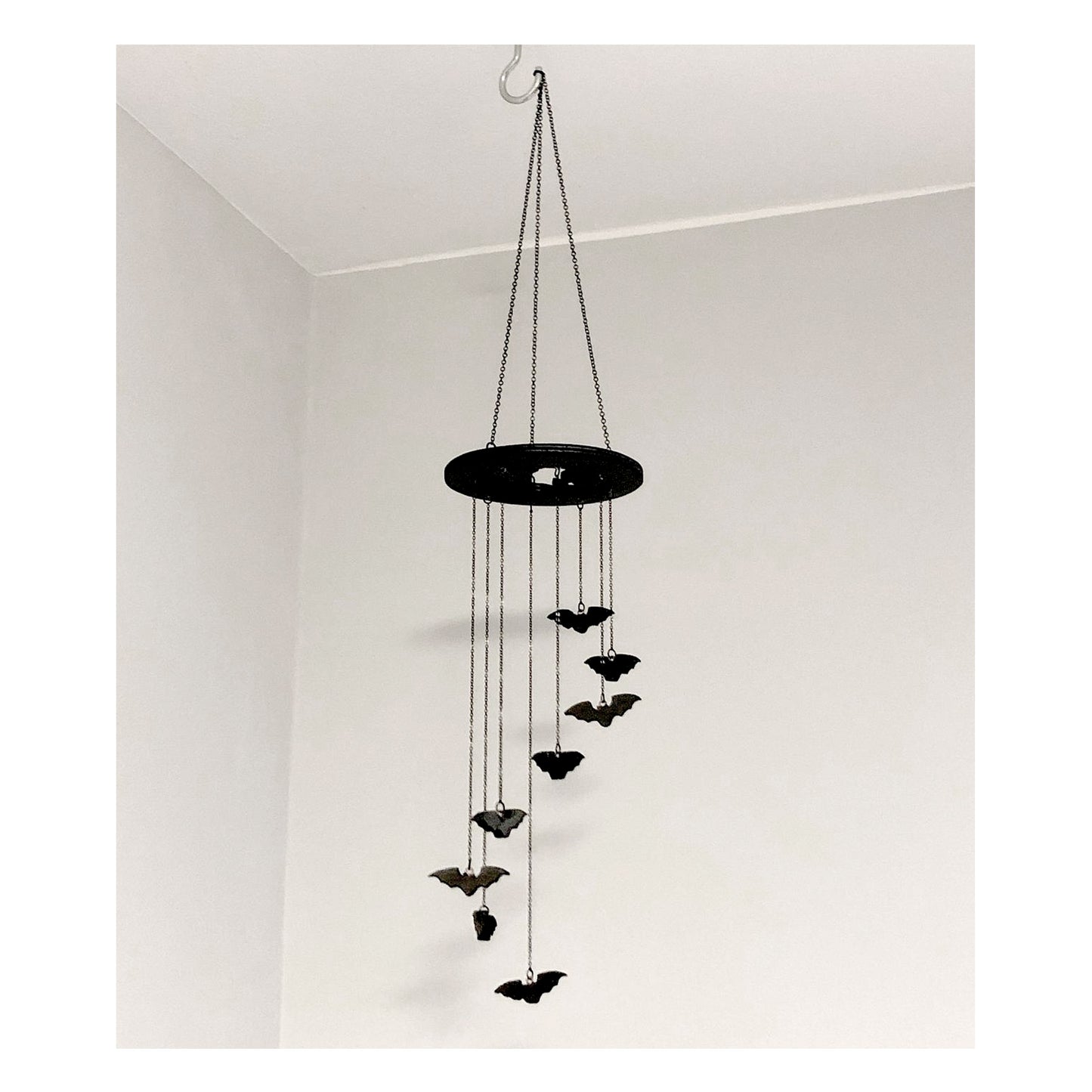 Small Black Stained Wood Bat Mobile with 8 Flying Bats