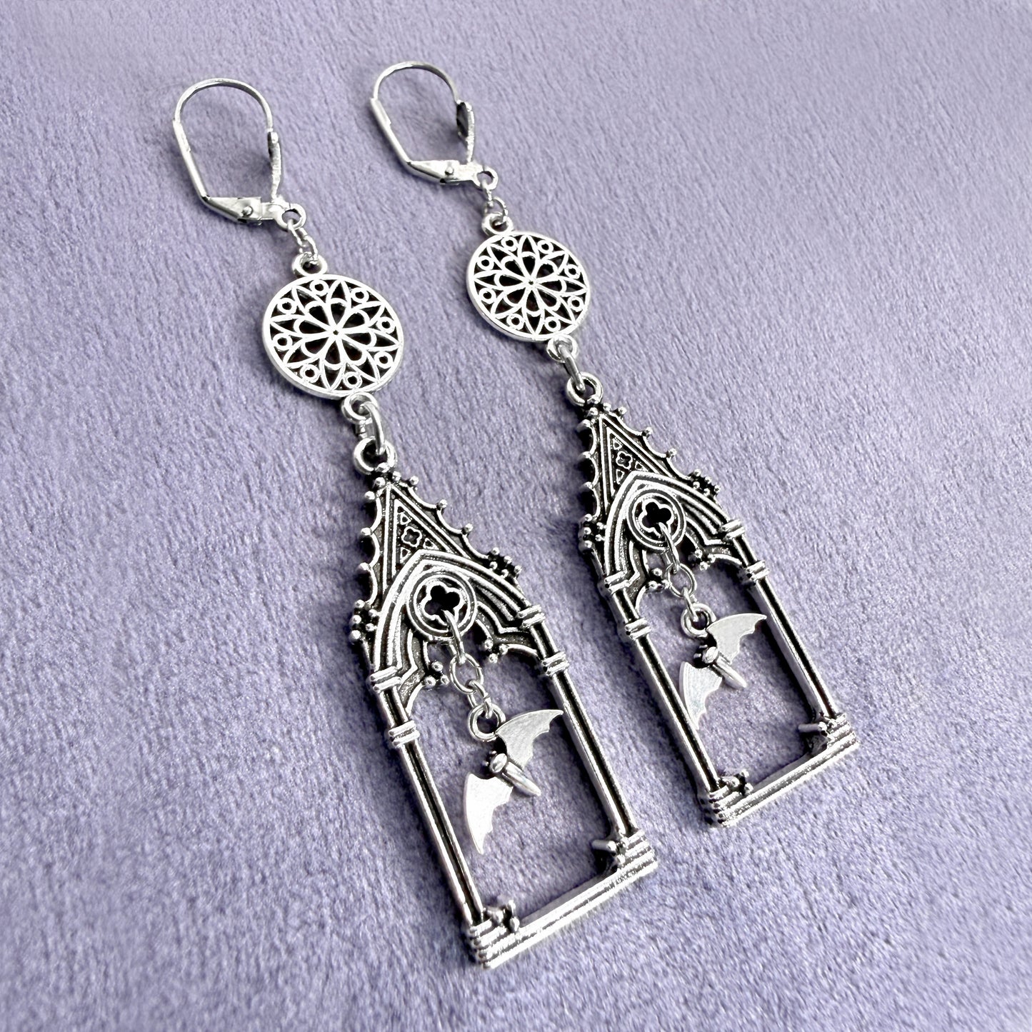 Gothic Cathedral and Flying Bat Earrings