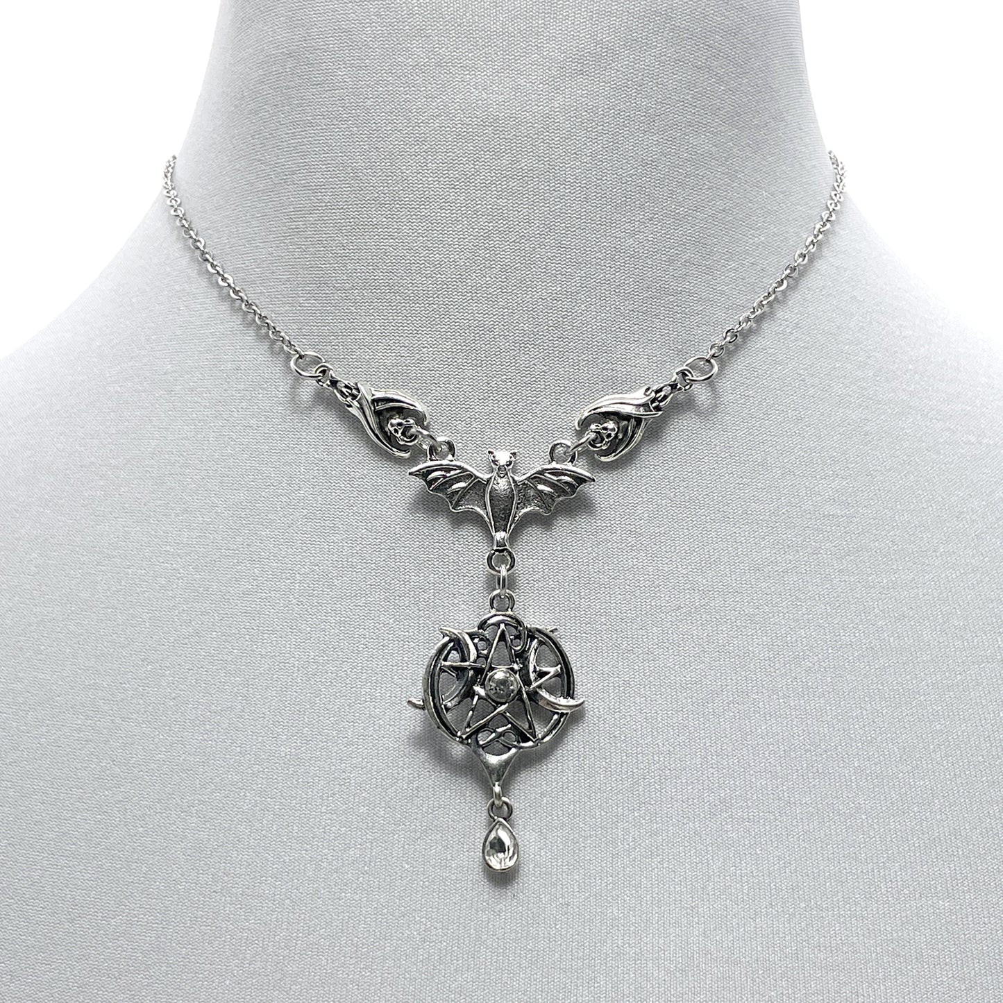 Silver Three Bat Necklace with a Gothic Pentacle and Moons