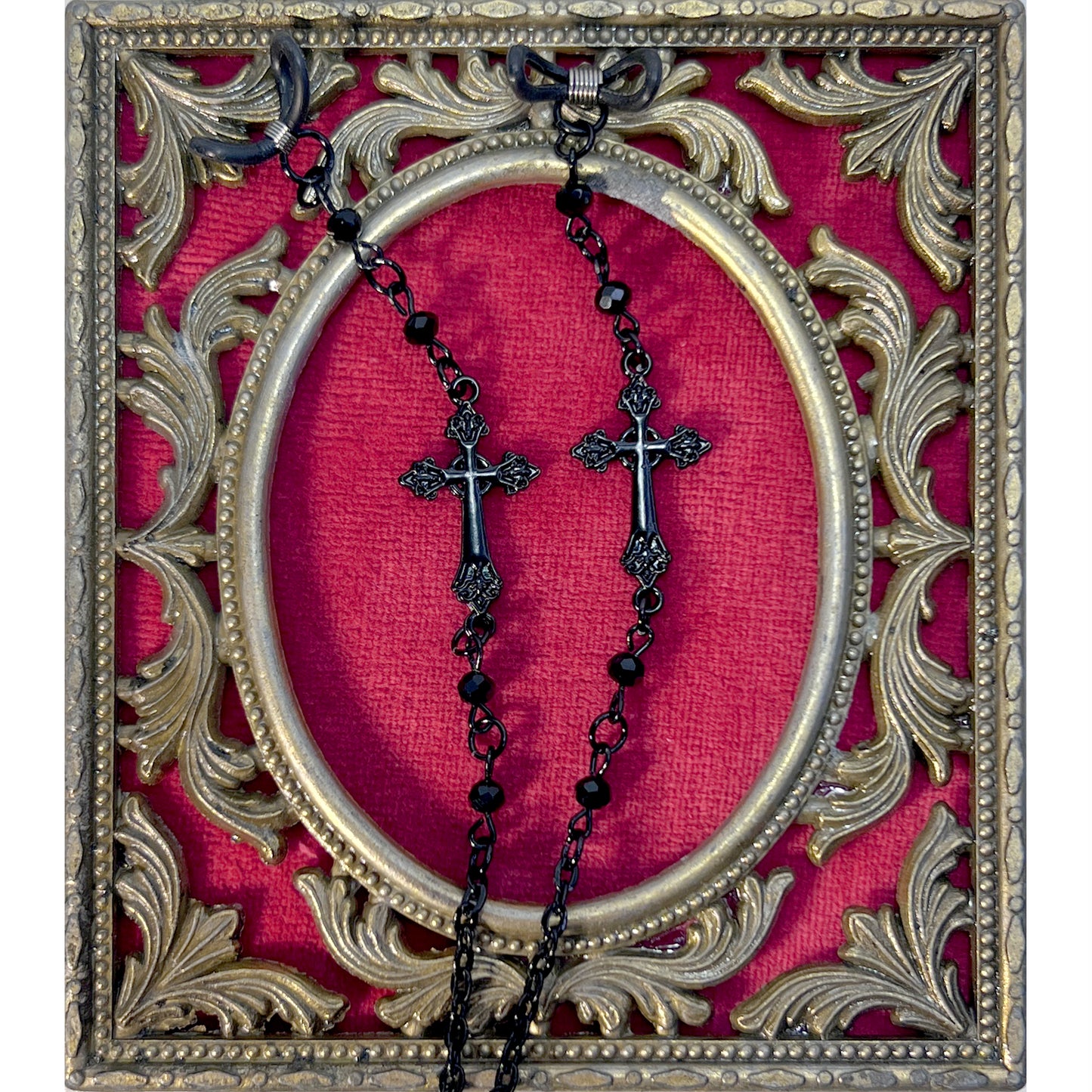 Black Gothic Cross with Black Beads and Black Chain for Glasses