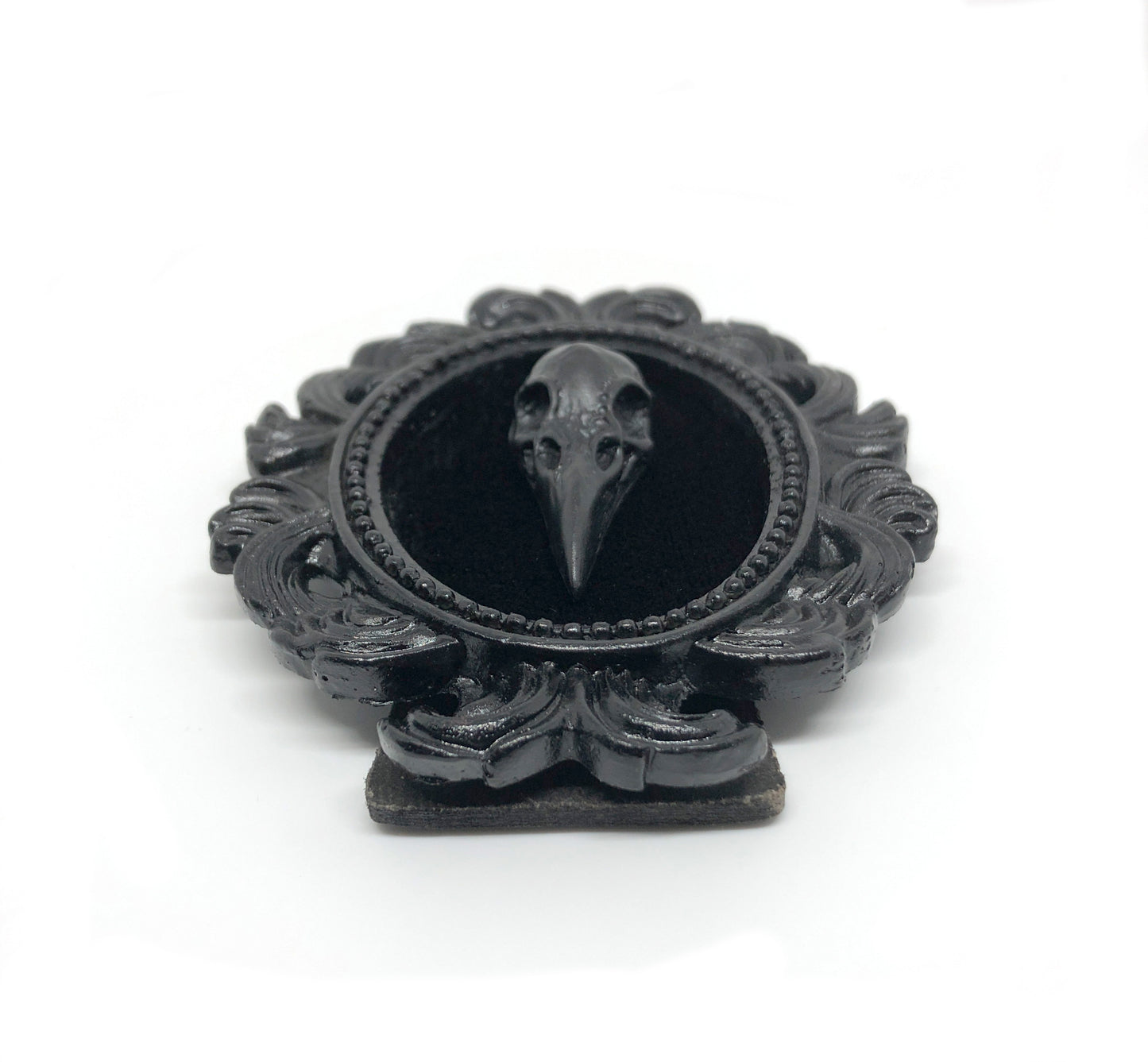 Small Black Resin Oval Frame with Black Resin Bird Skull on Black Velvet Gothic Home Deco