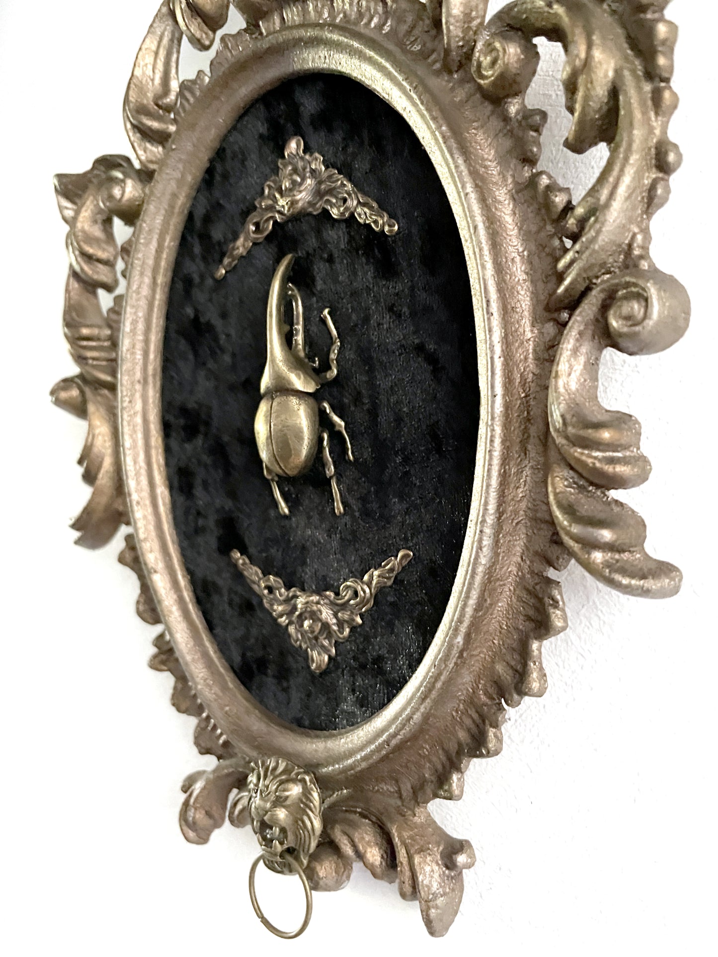 Brass Beetle on Black Velvet Antique Framed Gothic Home Deco