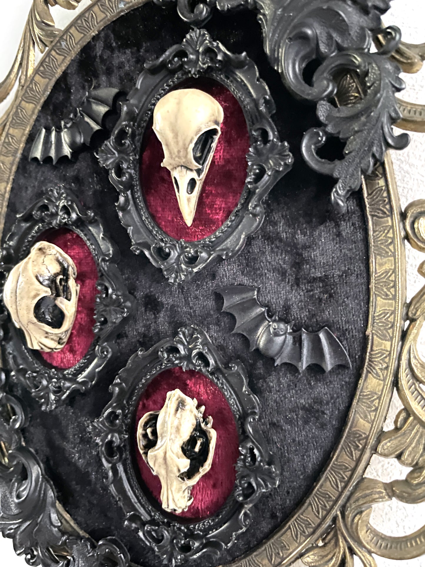 Large Antique Framed Three Resin Skull Gothic Wall Deco