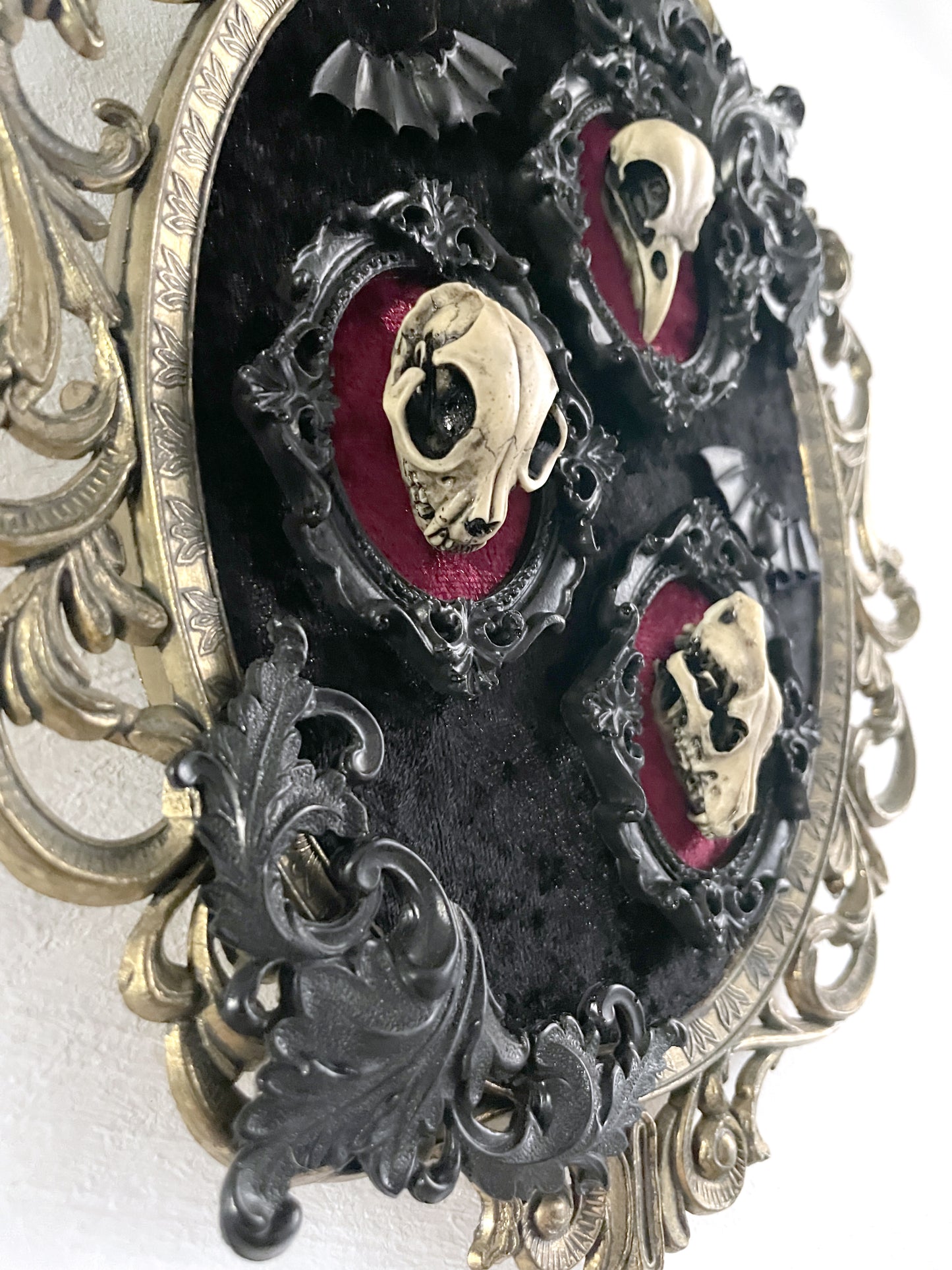 Large Antique Framed Three Resin Skull Gothic Wall Deco