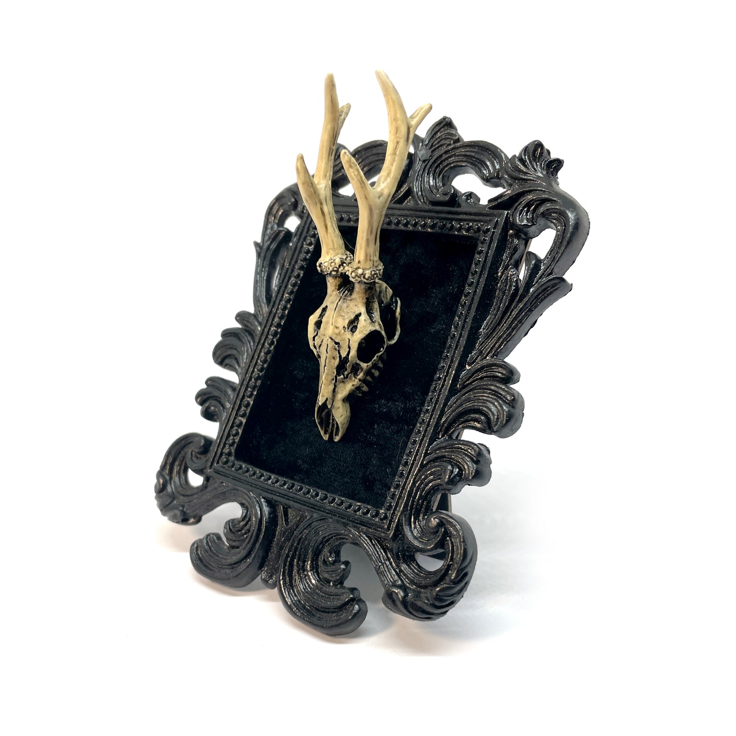 Small Black Resin Square Frame with Resin Deer Skull on Black Velvet Gothic Home Deco