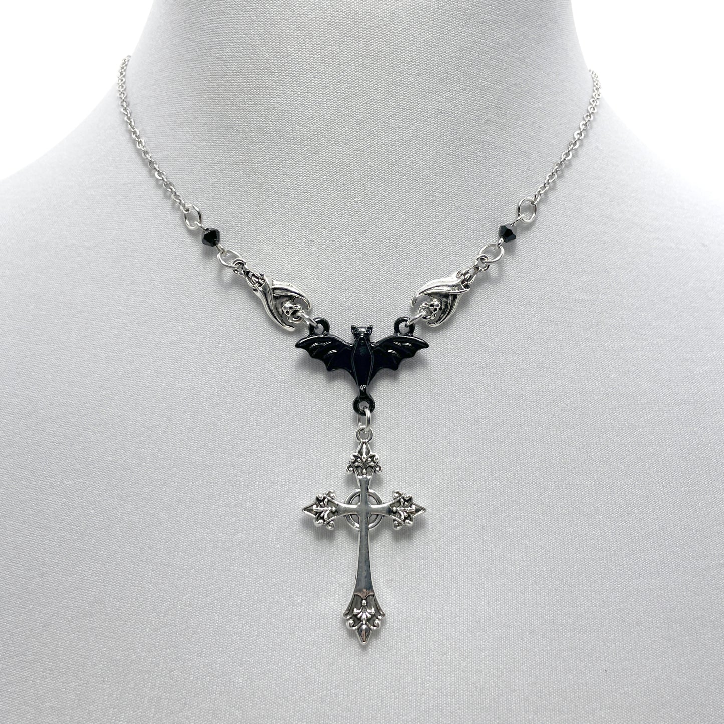 Silver and Black Three Bat Necklace with a Victorian Gothic Cross