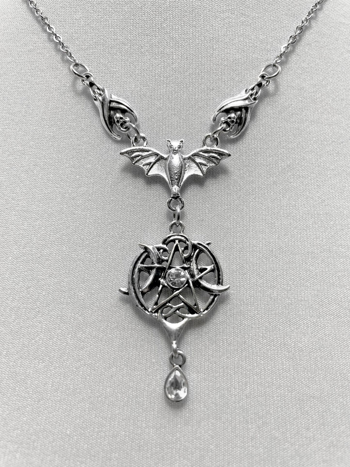 Silver Three Bat Necklace with a Gothic Pentacle and Moons