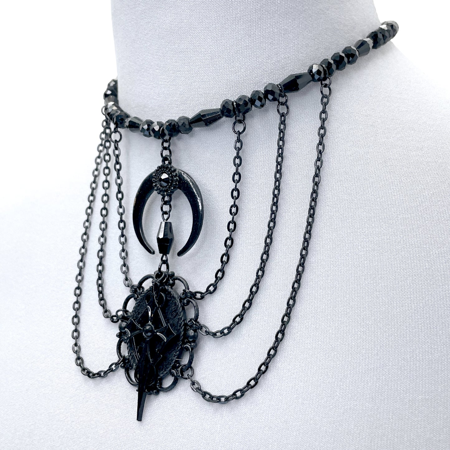 Black Multi-Strand Gothic Necklace with Crescent Moon and Cross