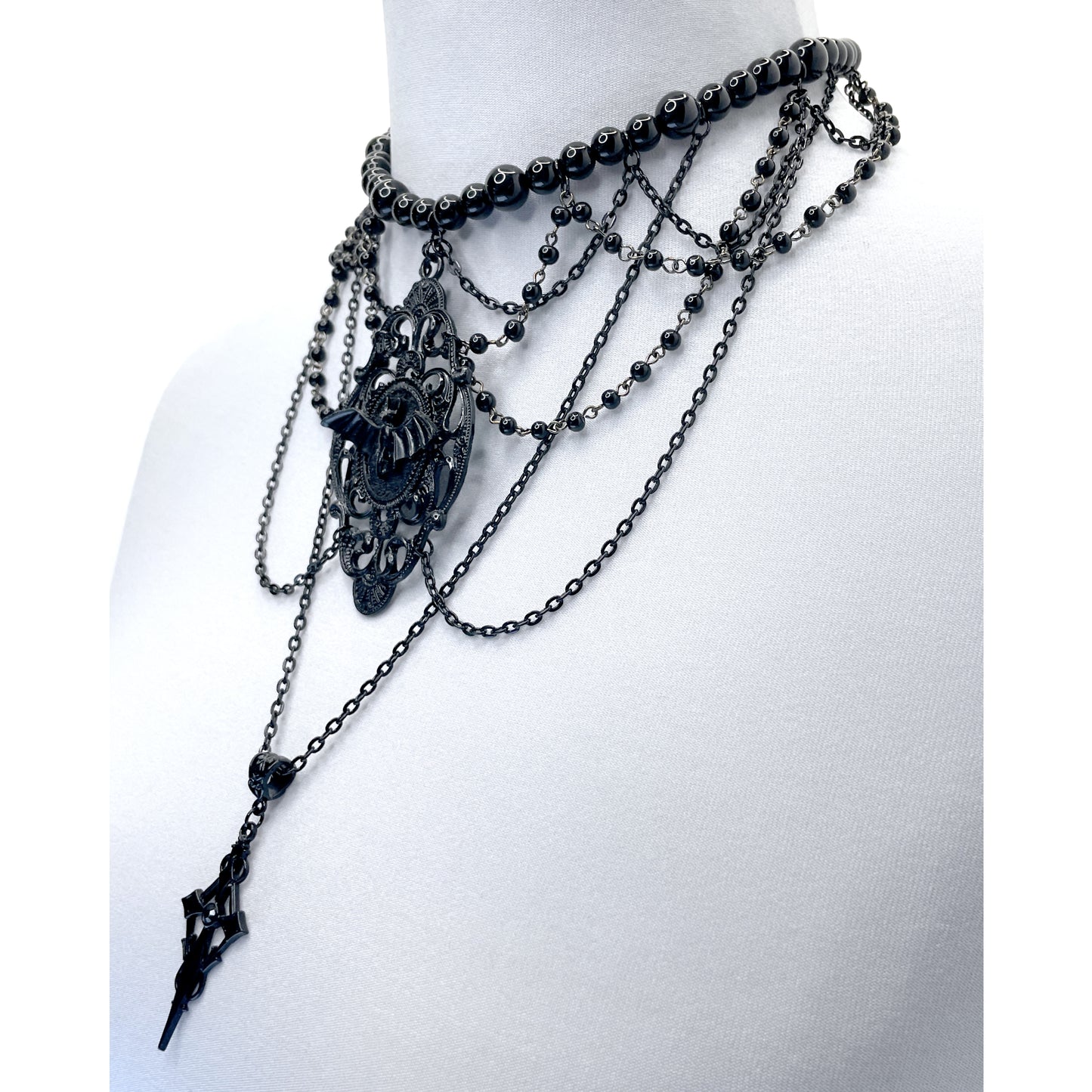 Black Multi-Strand Gothic Victorian Necklace with Bat and Long Hanging Cross