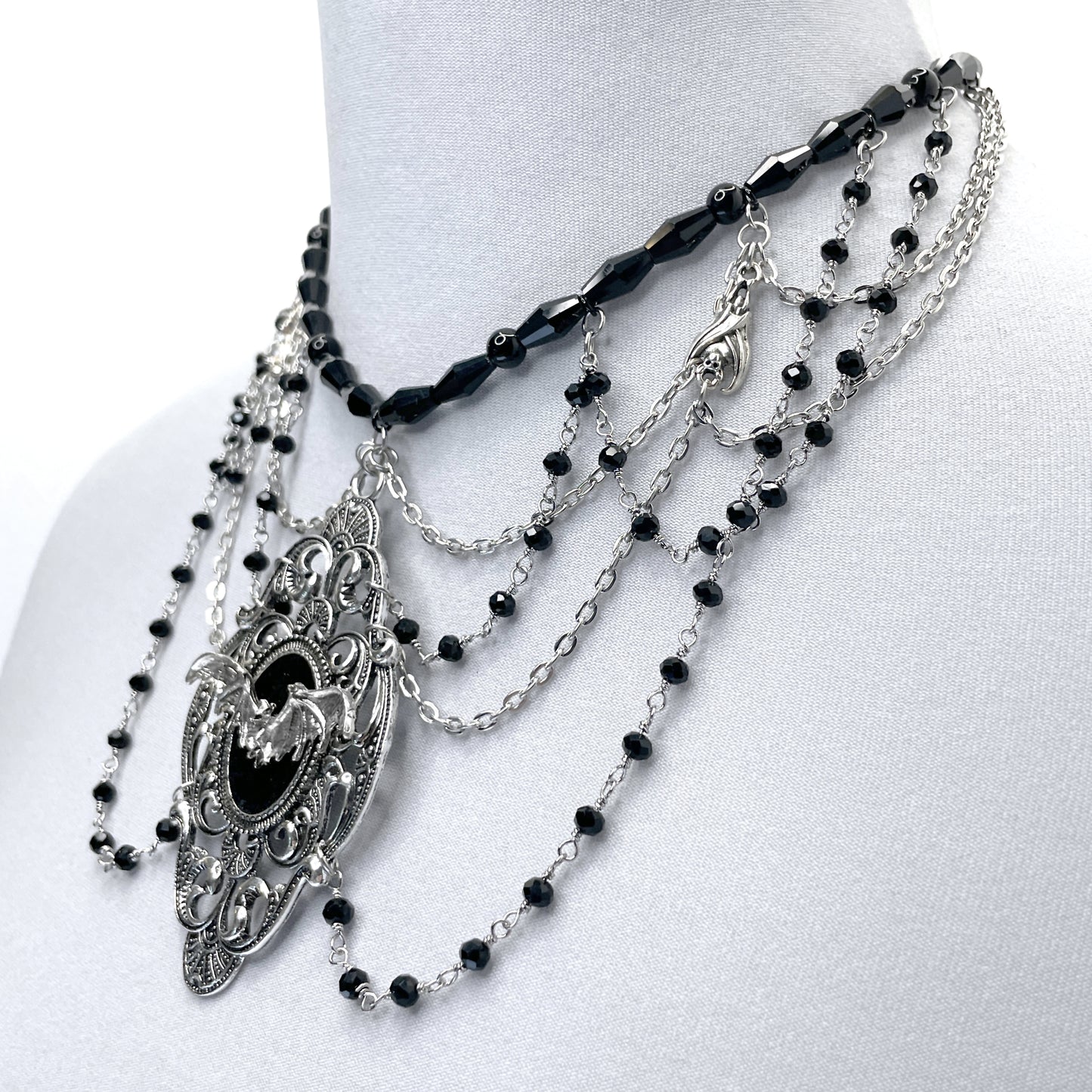 Silver with Black Multi-Strand Gothic Victorian Necklace with Bat
