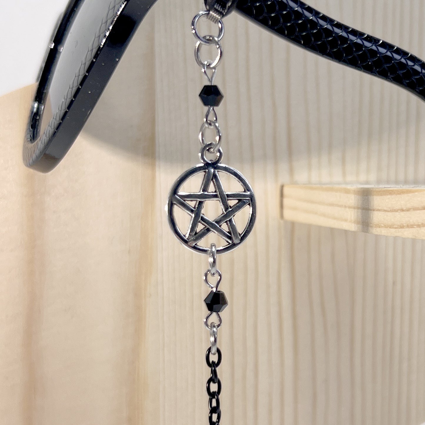 Silver Pentacle with Black Beads and Black Chain for Glasses