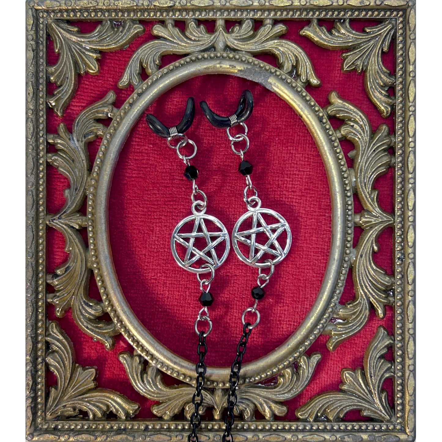 Silver Pentacle with Black Beads and Black Chain for Glasses