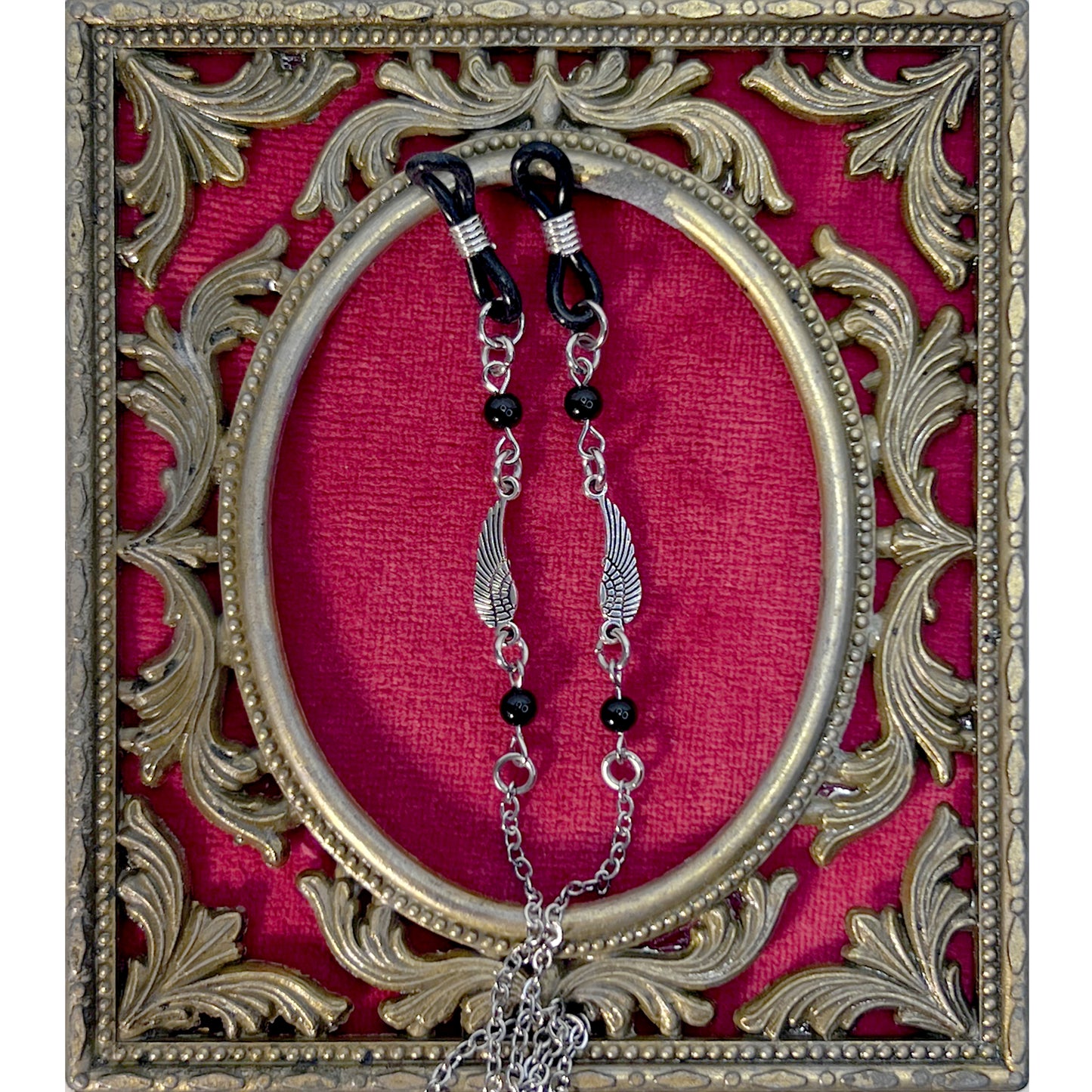 Small Silver Wings with Black Beads and Silver Chain for Glasses