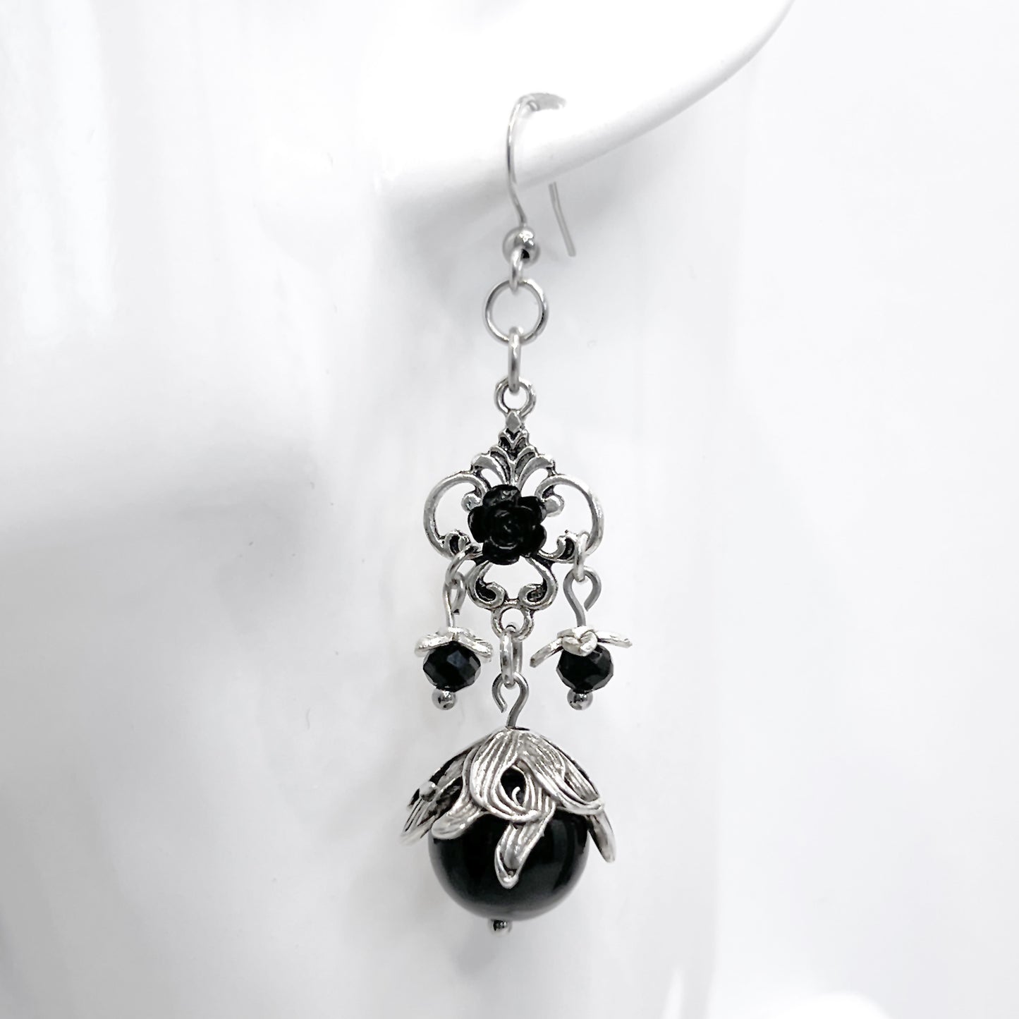 Old School Goth Large Black Glass Bead Earrings