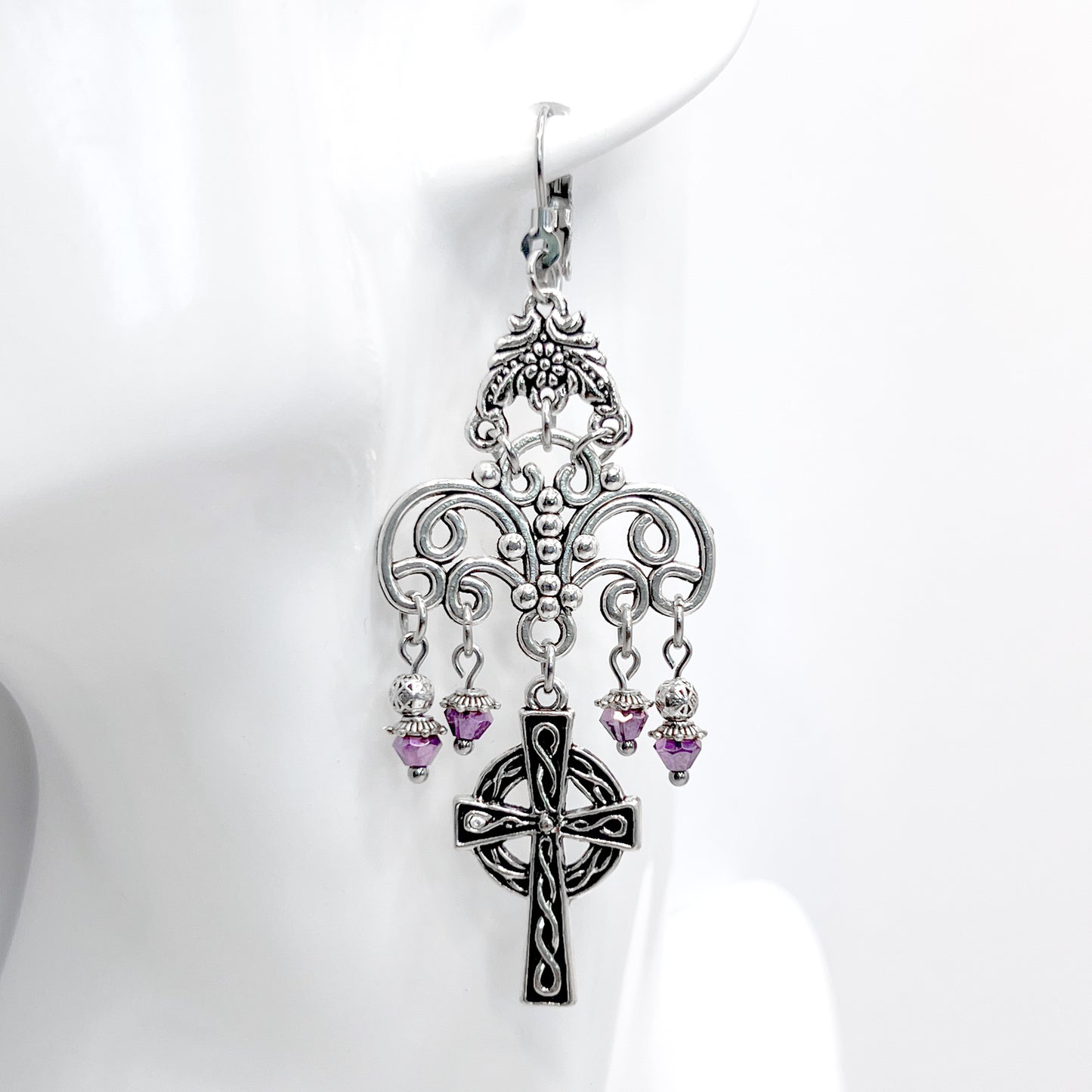 Old School Goth Chandelier Celtic Cross and Lavender Bead Earrings