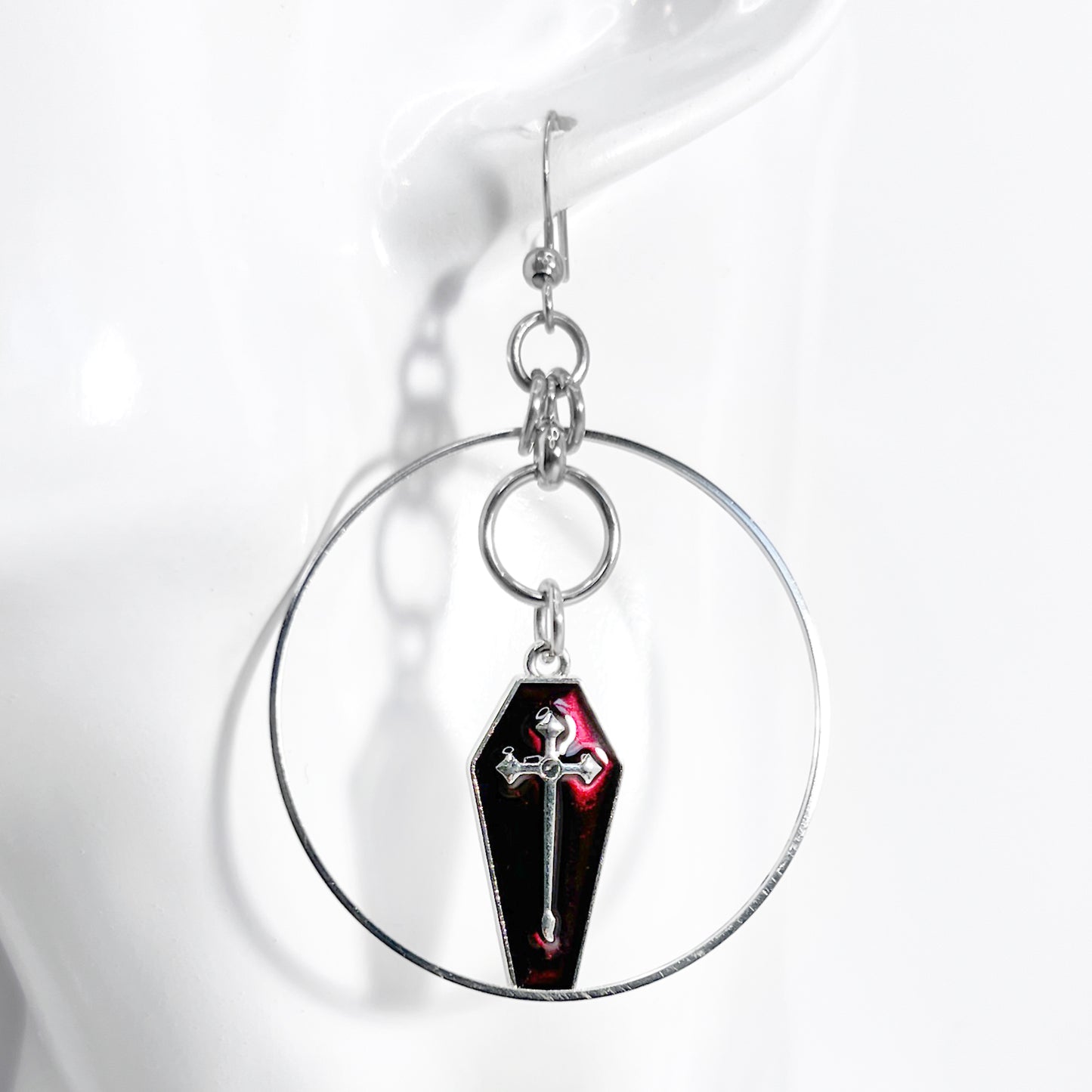 Red Coffin and Hoop Earrings