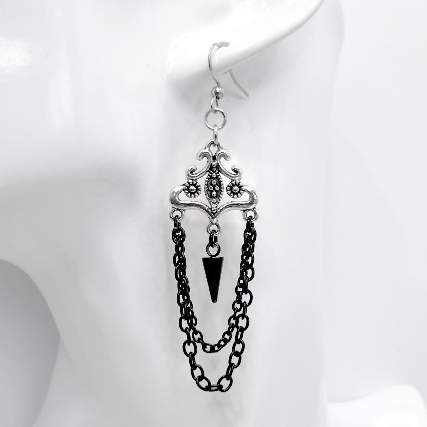Old School Goth Silver and Black Chains Chandelier Earrings