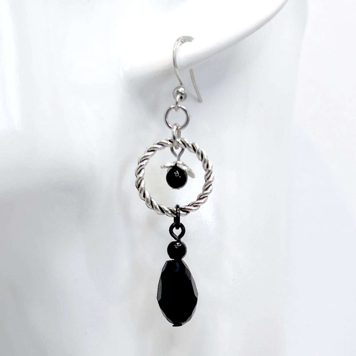 Old School Goth Silver and Black Glass Bead Earrings