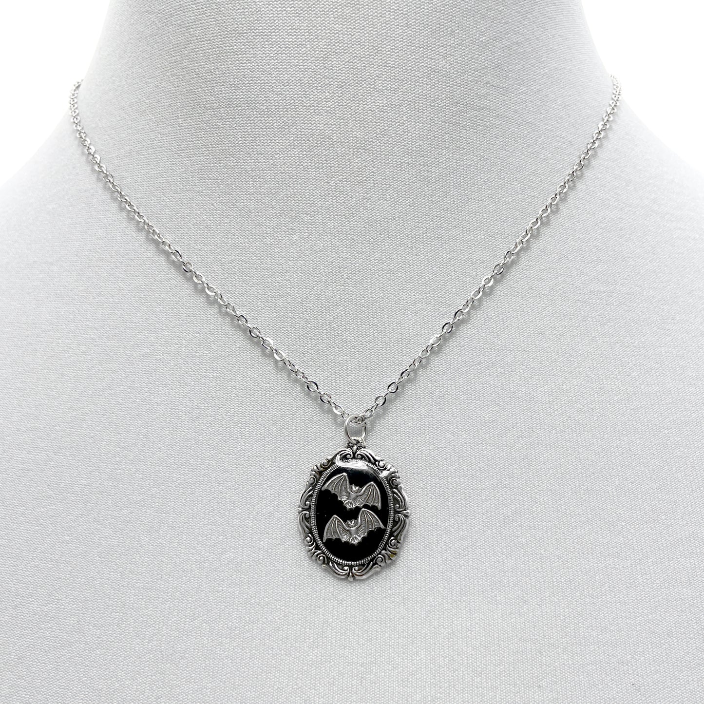 Tiny Silver Bats on Black Victorian Silver Necklace