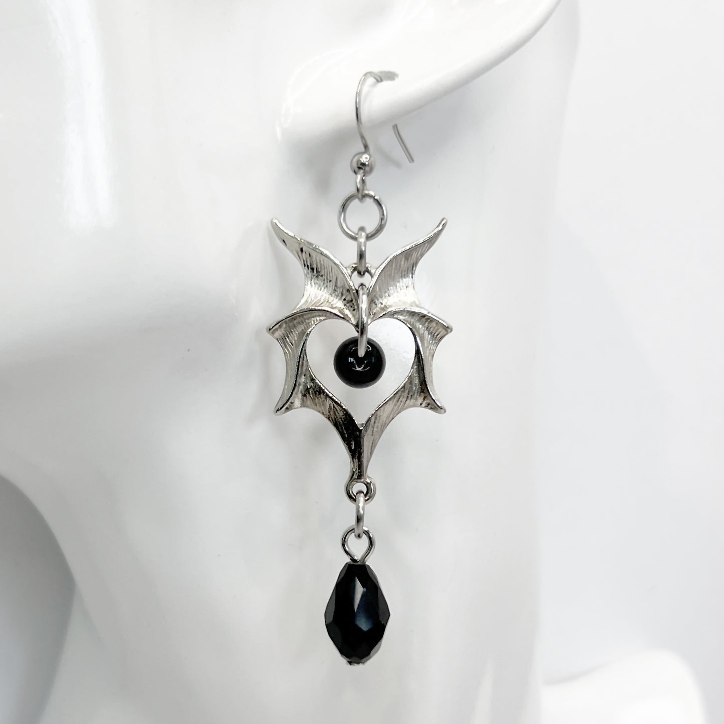 Spikey Silver Heart and Black Bead Earrings