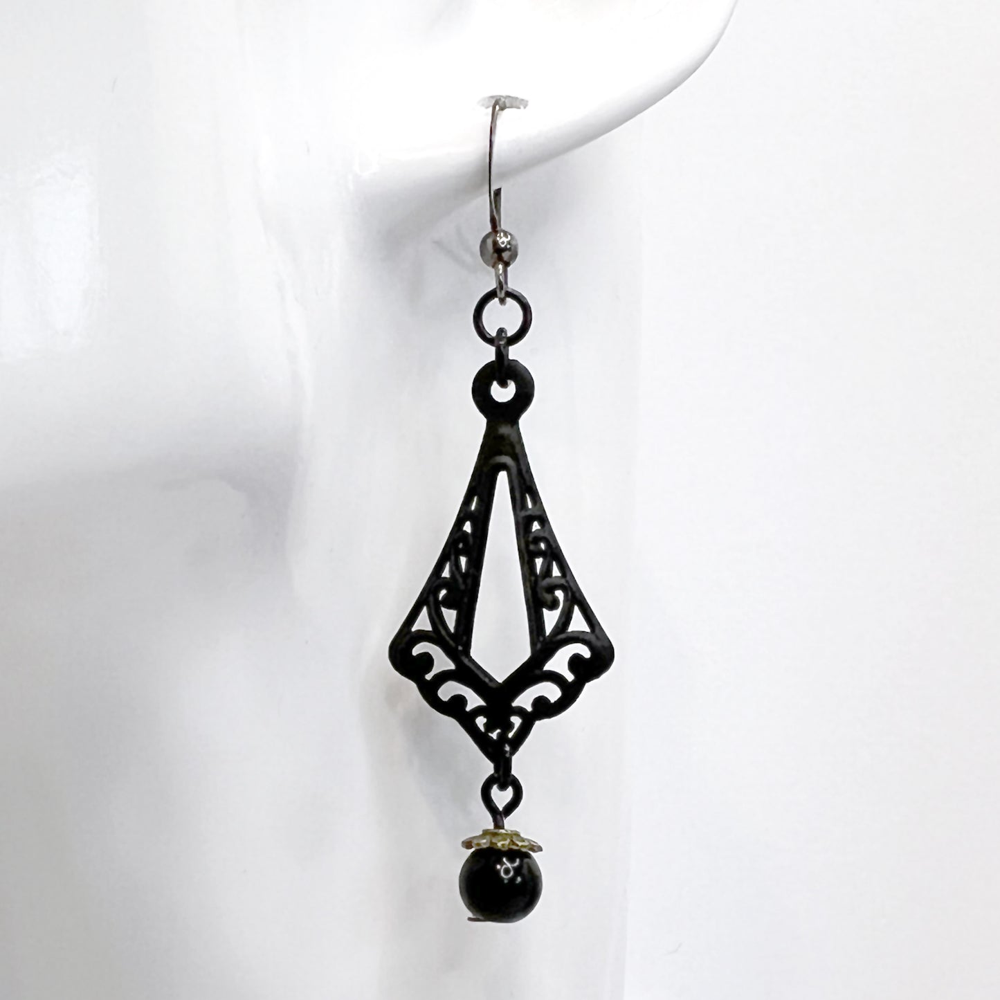 Old School Goth Matte Black Ornament and Black Glass Bead Earrings