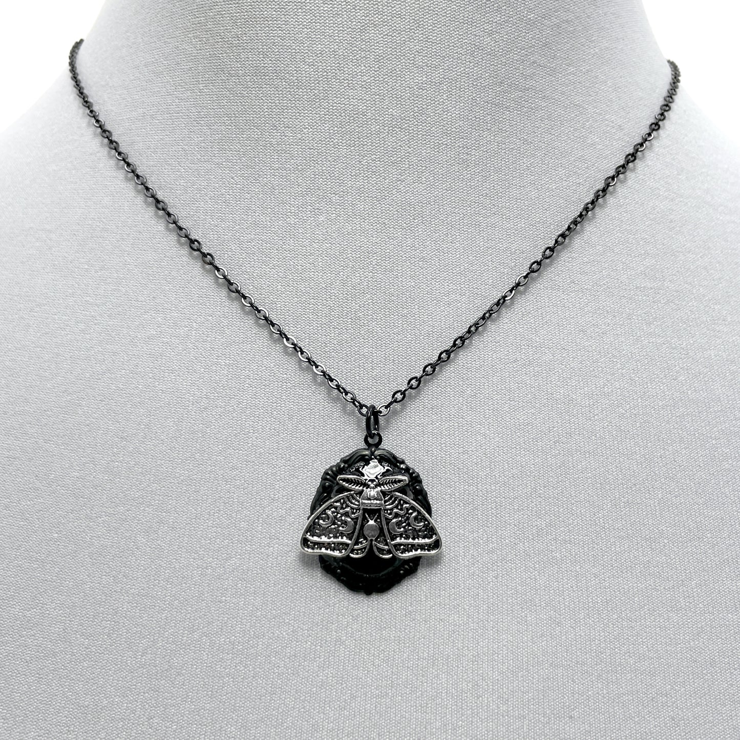 Tiny Luna Moth on Black Victorian Necklace