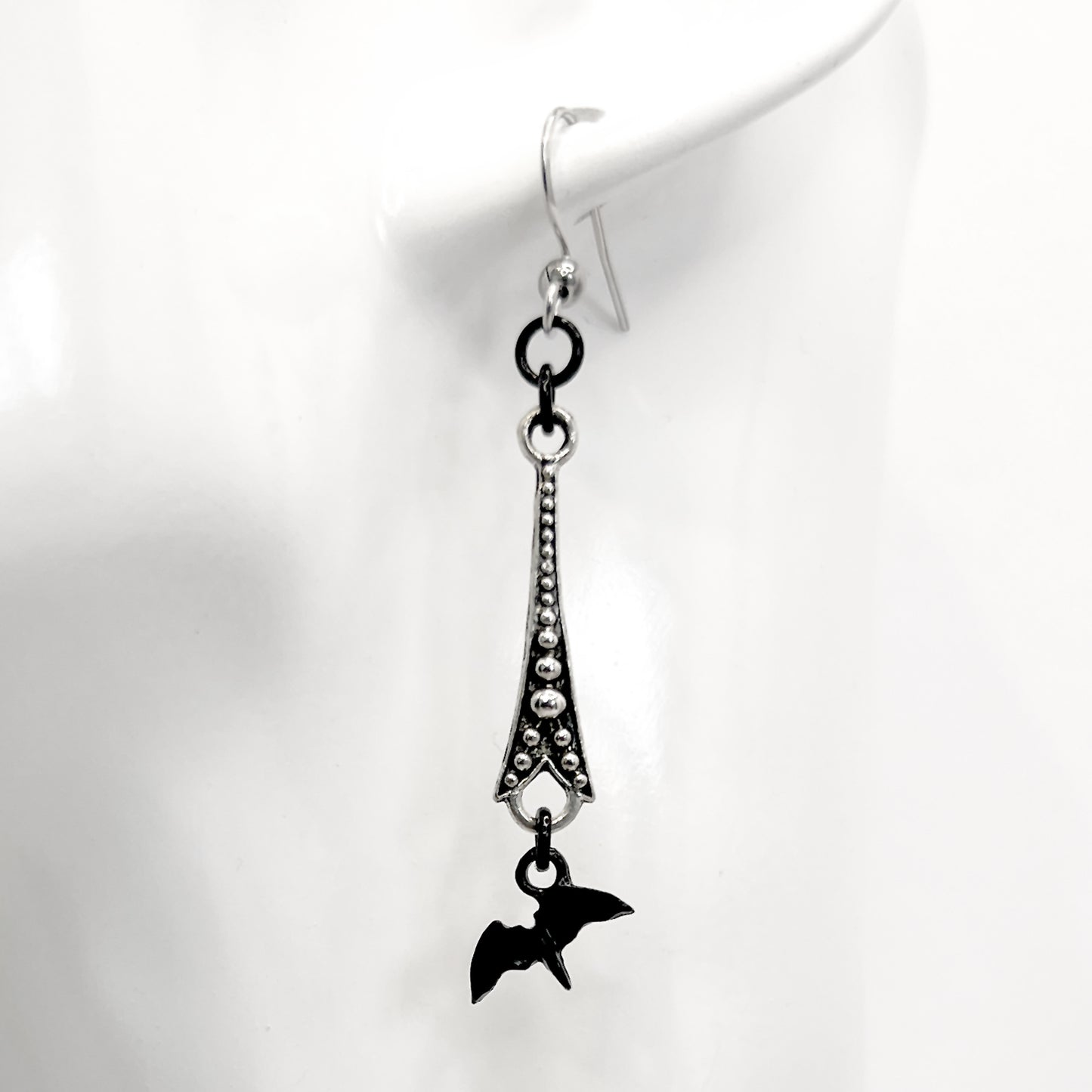 Old School Goth Silver and Tiny Flying Black Bat Earrings