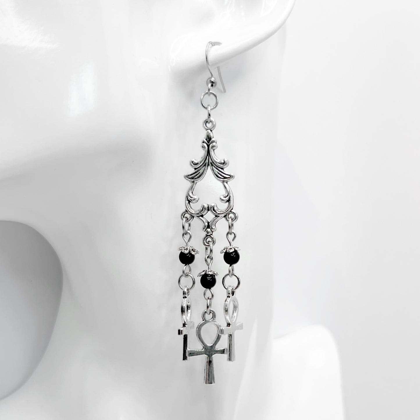 Old School Goth Chandelier Ankh and Bead Earrings