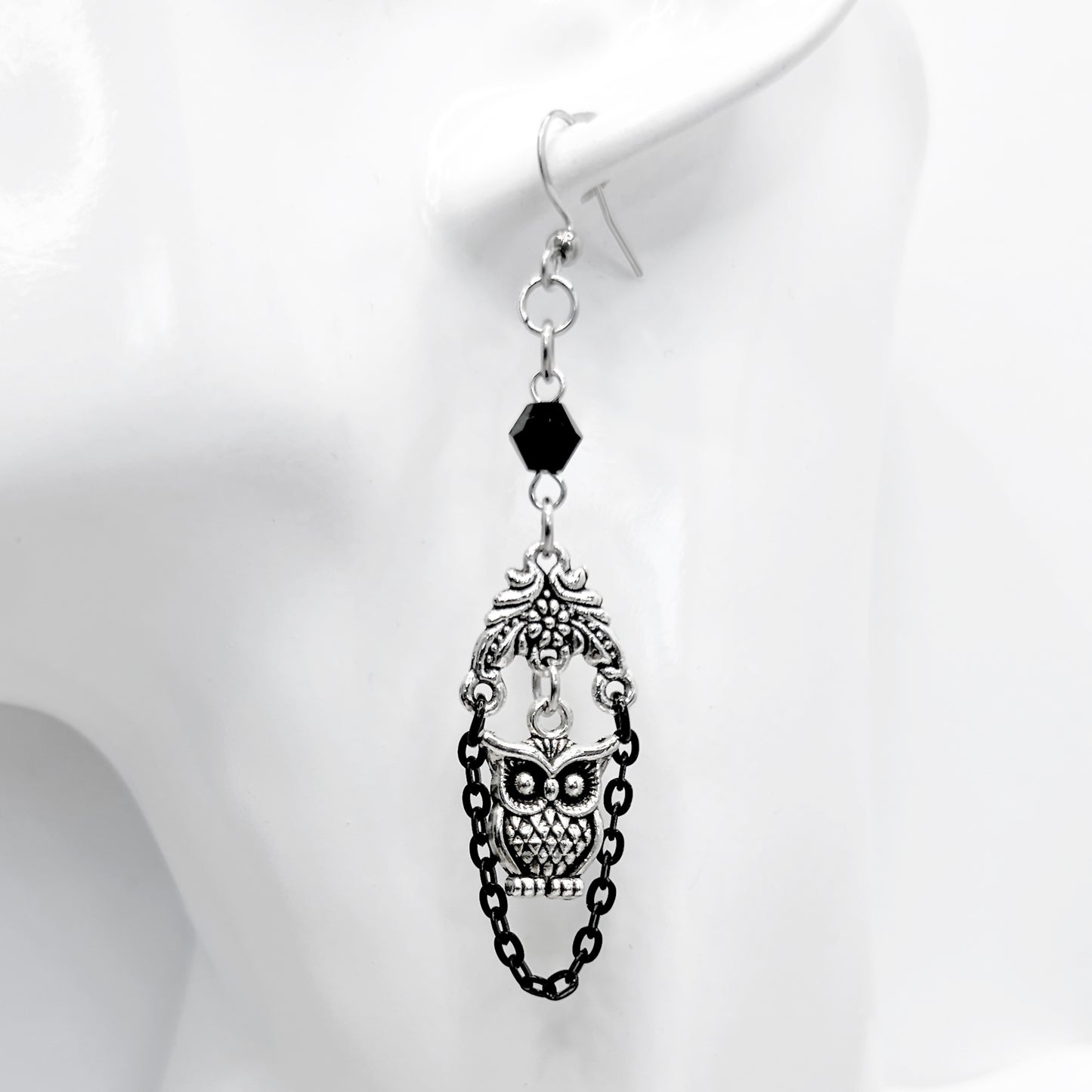 Old School Goth Black and Silver Owl Earrings