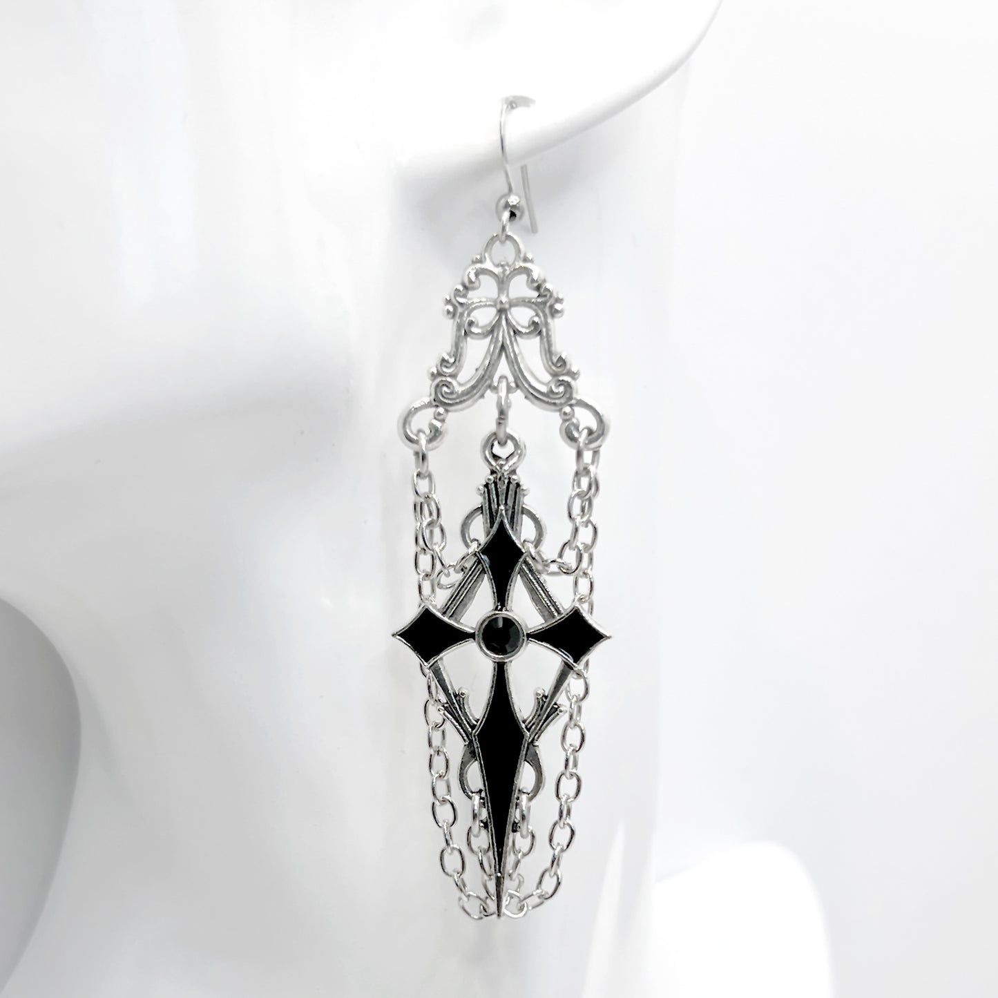 Old School Goth Black and Silver Pointed Cross and Chain Earrings