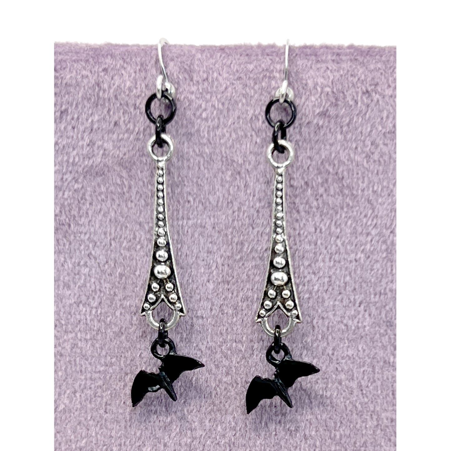 Old School Goth Silver and Tiny Flying Black Bat Earrings