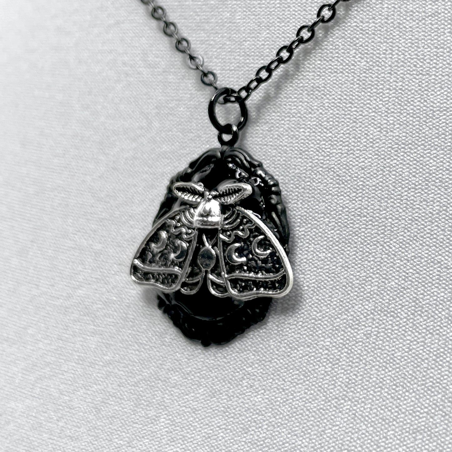 Tiny Luna Moth on Black Victorian Necklace