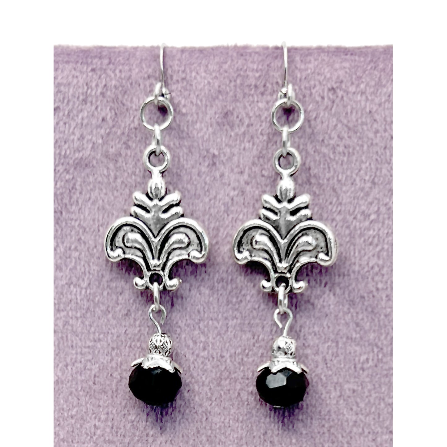 Old School Goth Silver Fleur de Lis and Black Glass Bead Earrings