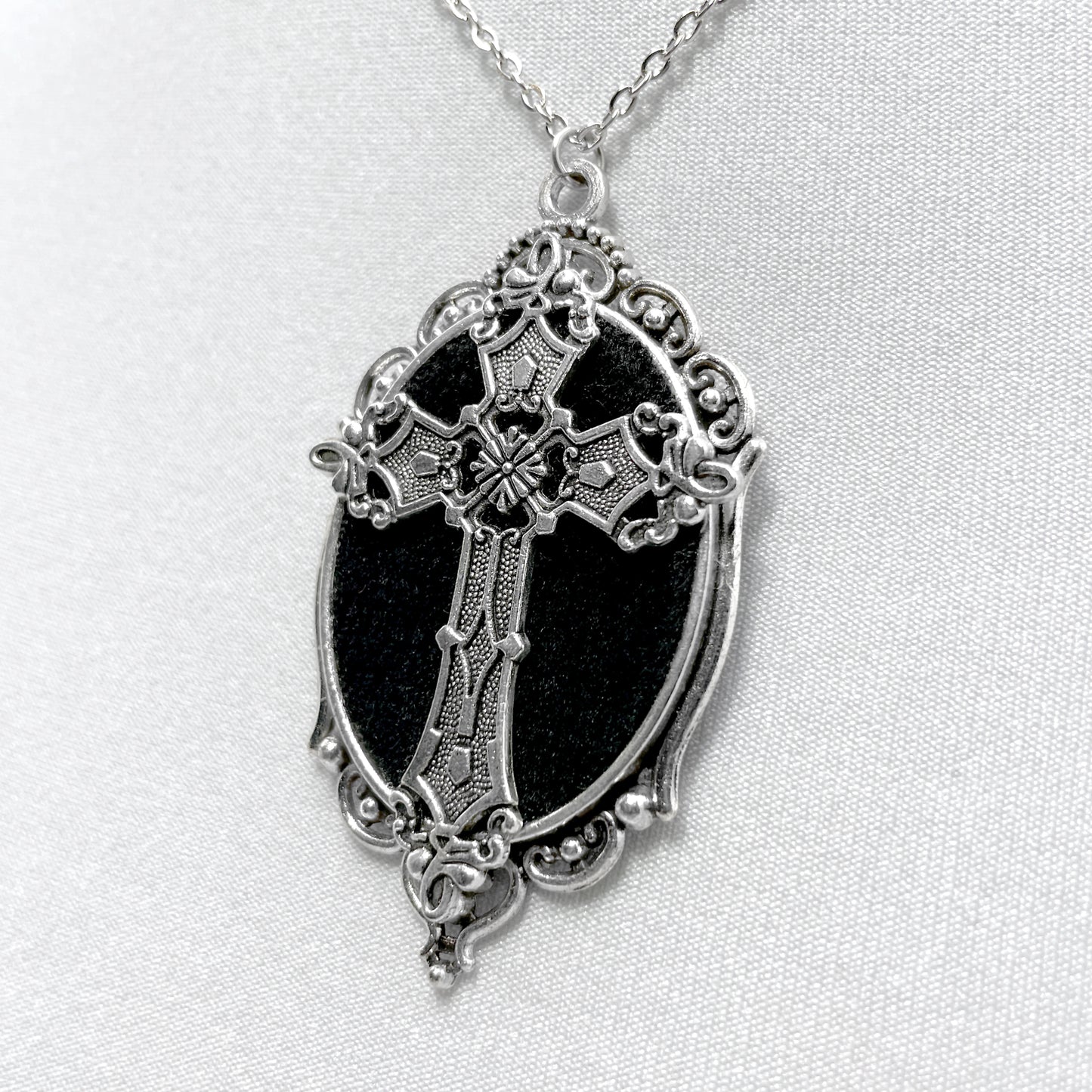 Silver Gothic Cross on Black Velvet Necklace