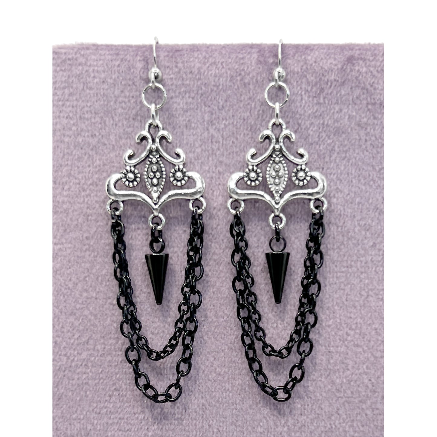 Old School Goth Silver and Black Chains Chandelier Earrings